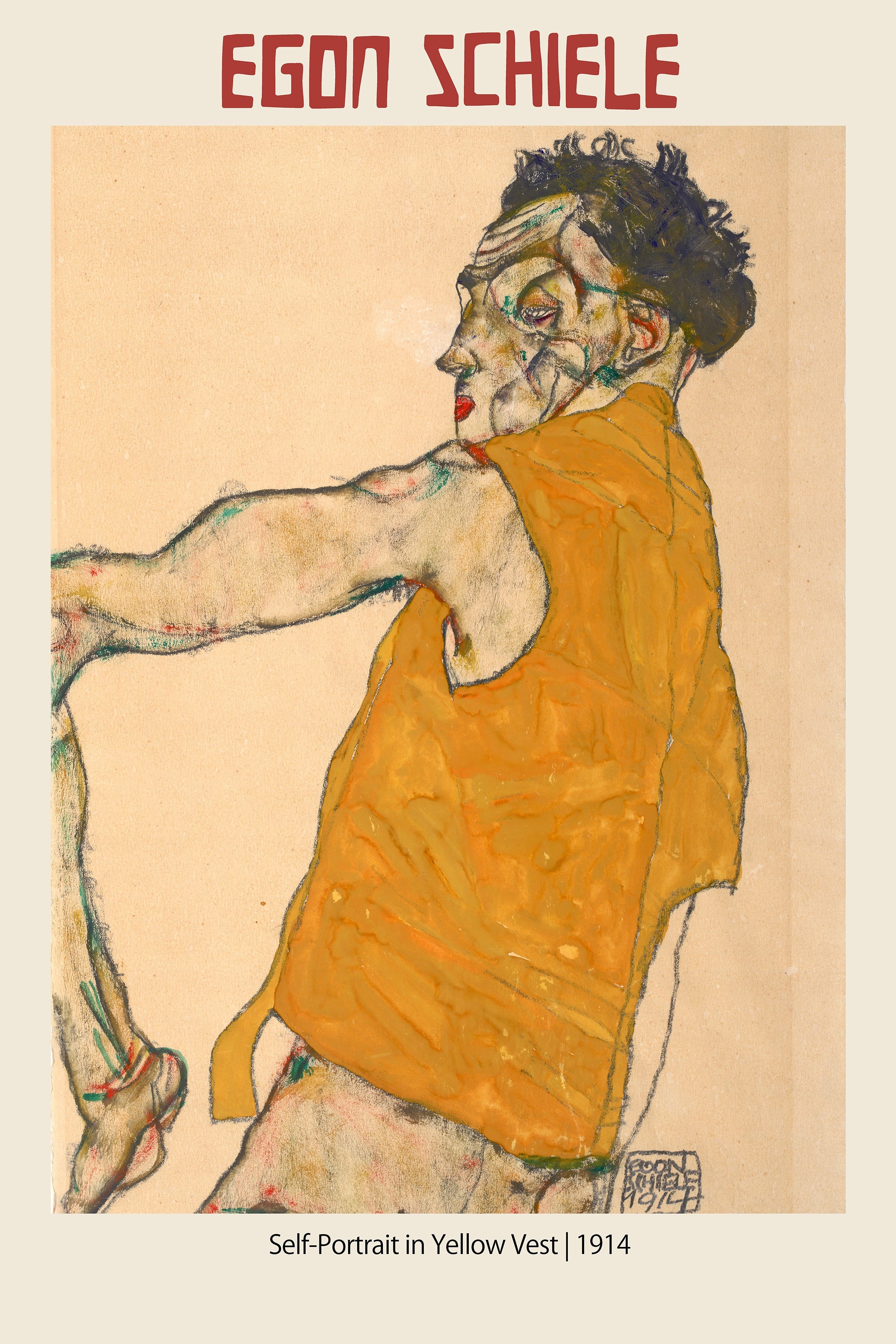 Egon Schiele's 1914 expressionist self-portrait drawing, showing the artist in a bright yellow vest and a tense, lean pose.