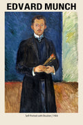 Full-length portrait of the artist Edvard Munch holding paintbrushes, dressed in a dark suit against a blue and green textured background, 1904.