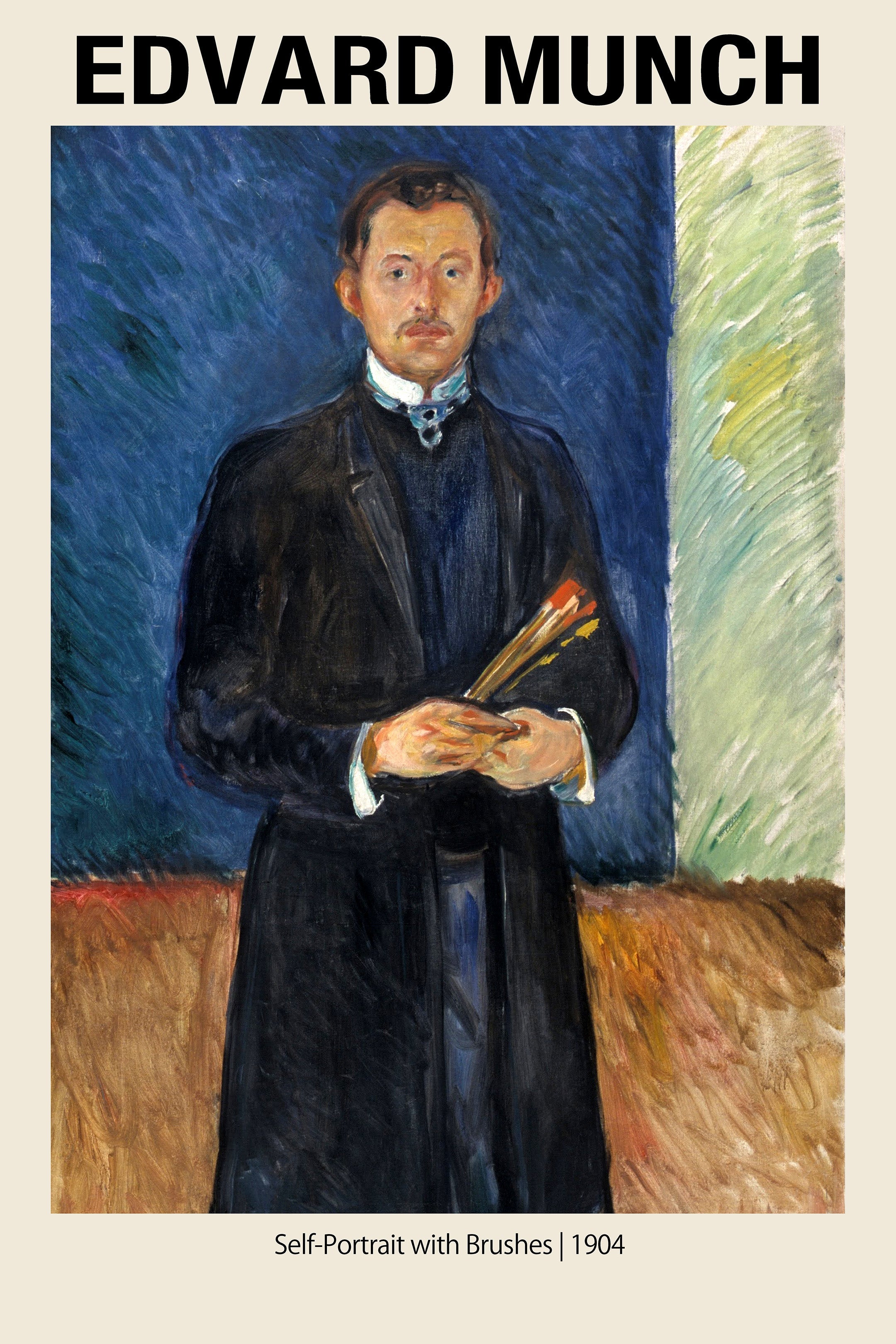 Full-length portrait of the artist Edvard Munch holding paintbrushes, dressed in a dark suit against a blue and green textured background, 1904.