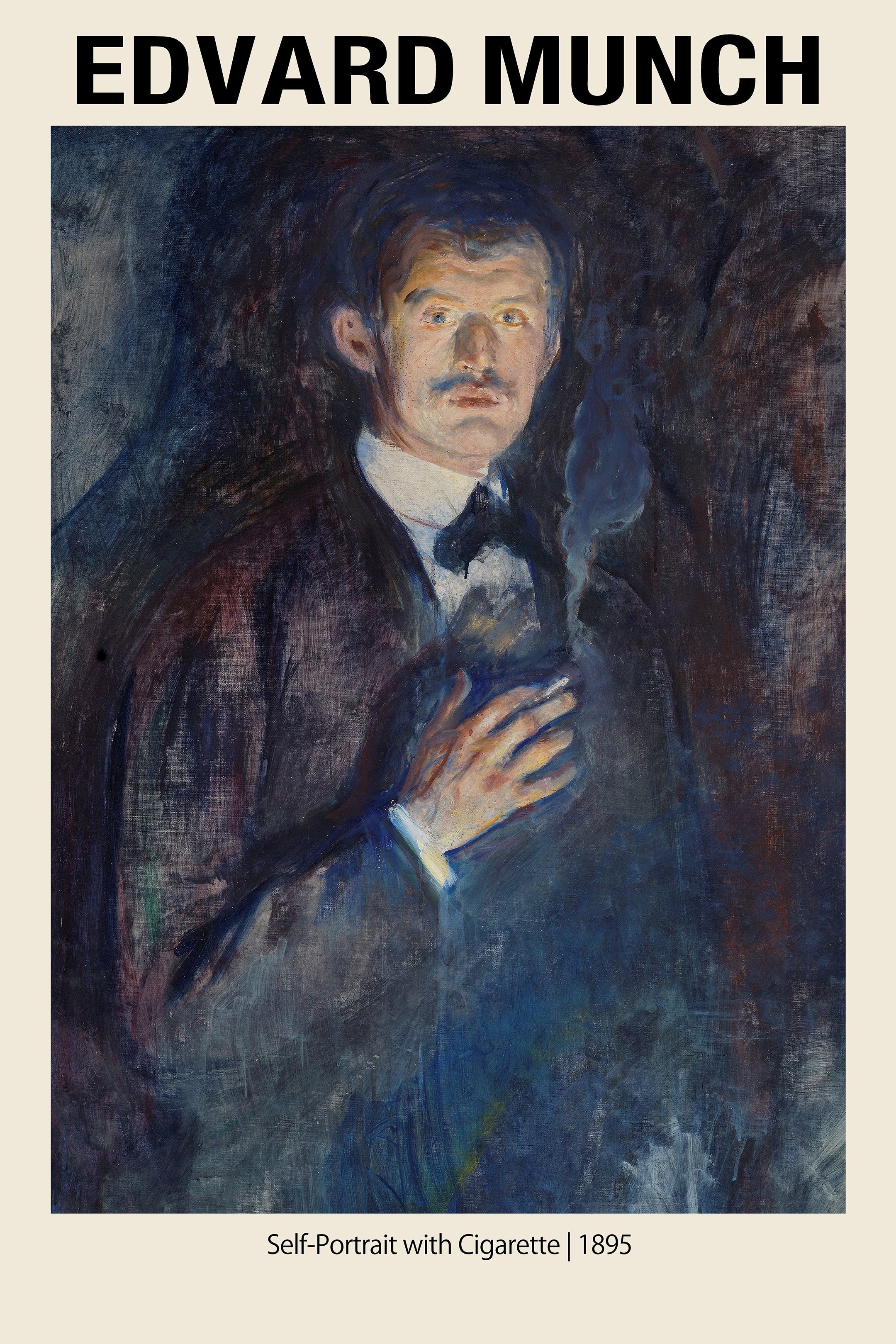 Oil painting by Edvard Munch titled 'Self-Portrait with Cigarette' (1895). Moody dark portrait showing the artist in deep shadow holding a lit cigarette.