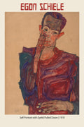 Egon Schiele's 1910 Self-Portrait with Eyelid Pulled Down; an expressionistic drawing featuring sharp red and blue strokes on brown paper.