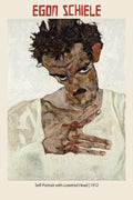Egon Schiele's 1912 Self-Portrait with Lowered Head print, featuring thick brushstrokes, dark hair, and intense expressionist style.
