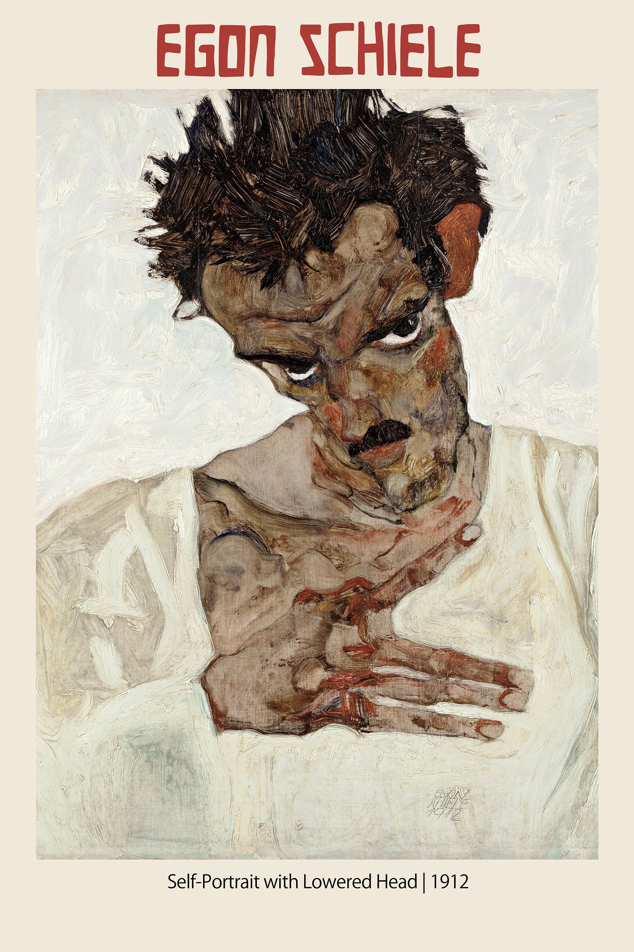 Egon Schiele's 1912 Self-Portrait with Lowered Head print, featuring thick brushstrokes, dark hair, and intense expressionist style.