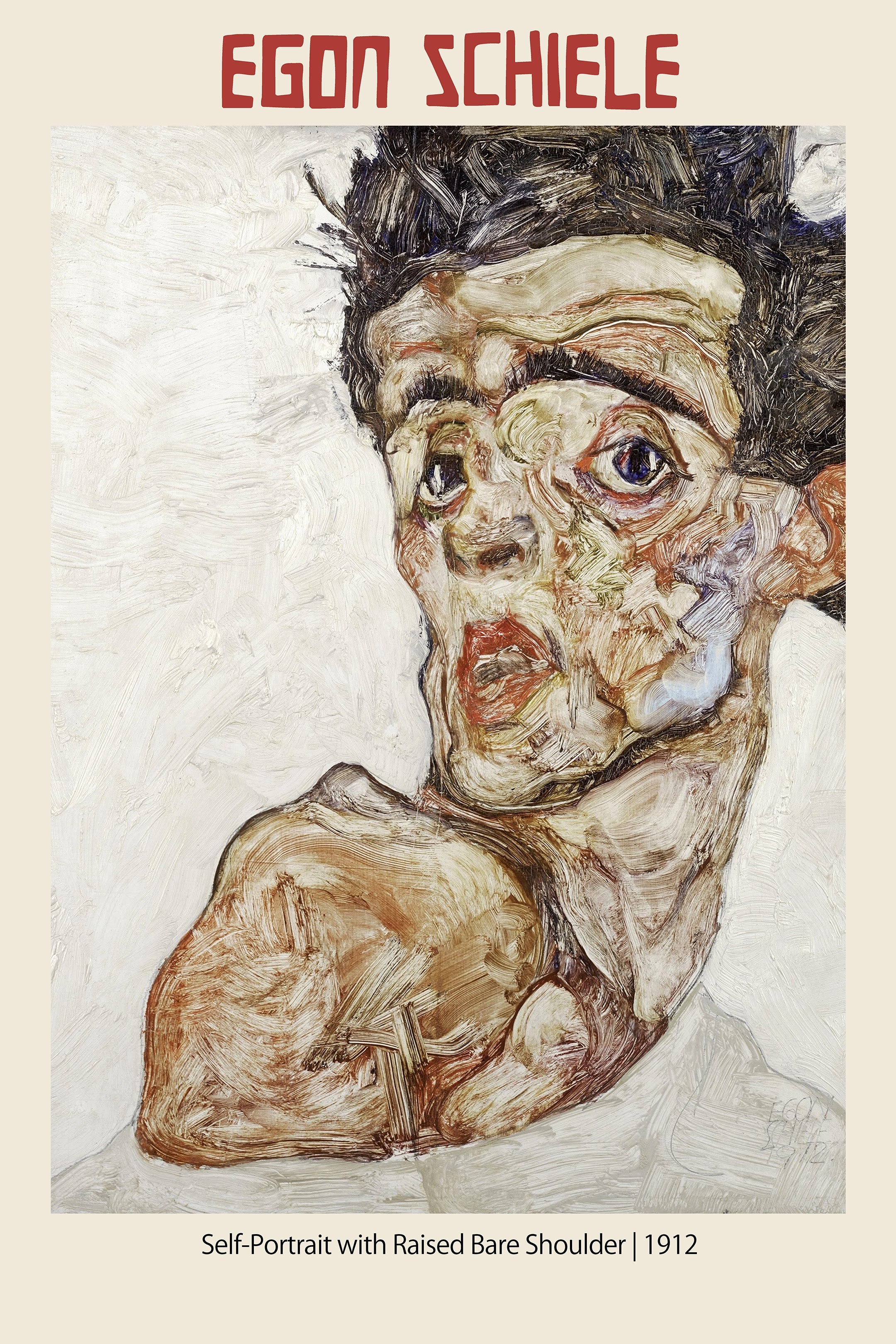 Egon Schiele's 1912 oil painting, "Self-Portrait with Raised Bare Shoulder," featuring visible brushstrokes and intense, distorted facial expression in earth tones.