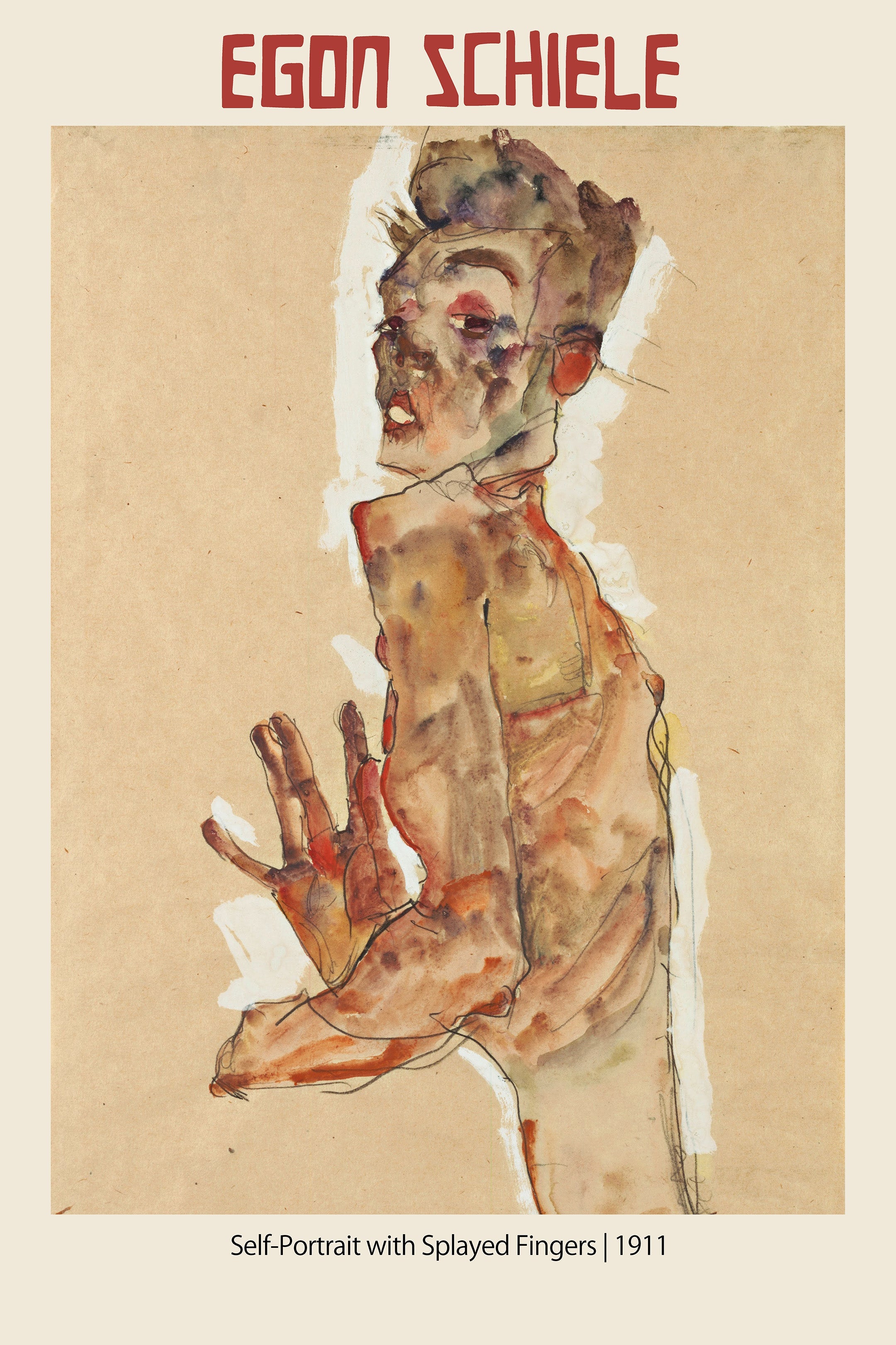 Nude self-portrait by Austrian artist Egon Schiele (1911) rendered in expressive watercolor and gouache on aged paper, showing the artist with hands held up.