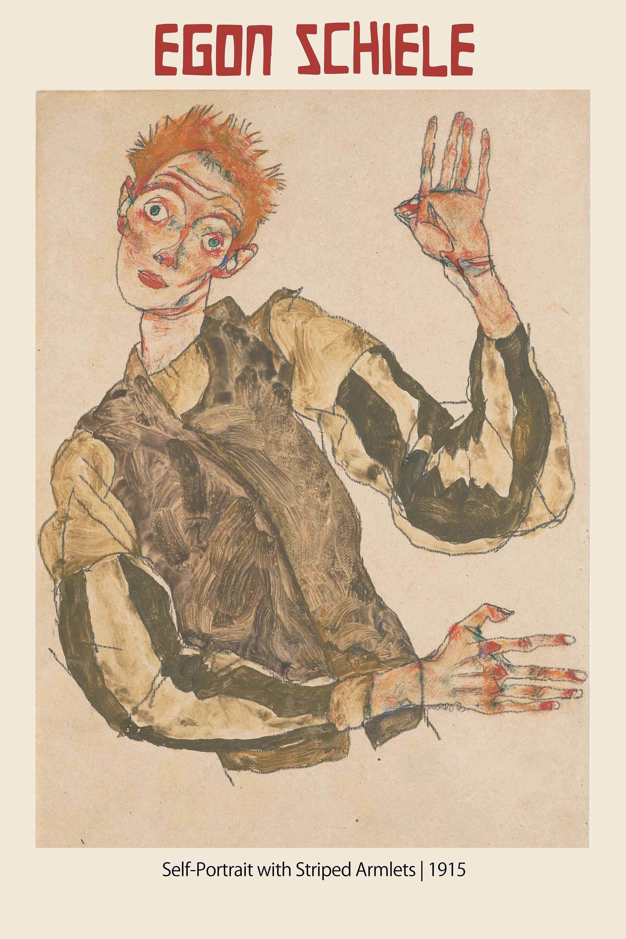 Egon Schiele's 1915 Self-Portrait with Striped Armlets, a highly expressive drawing featuring bold colors and an anxious gaze.