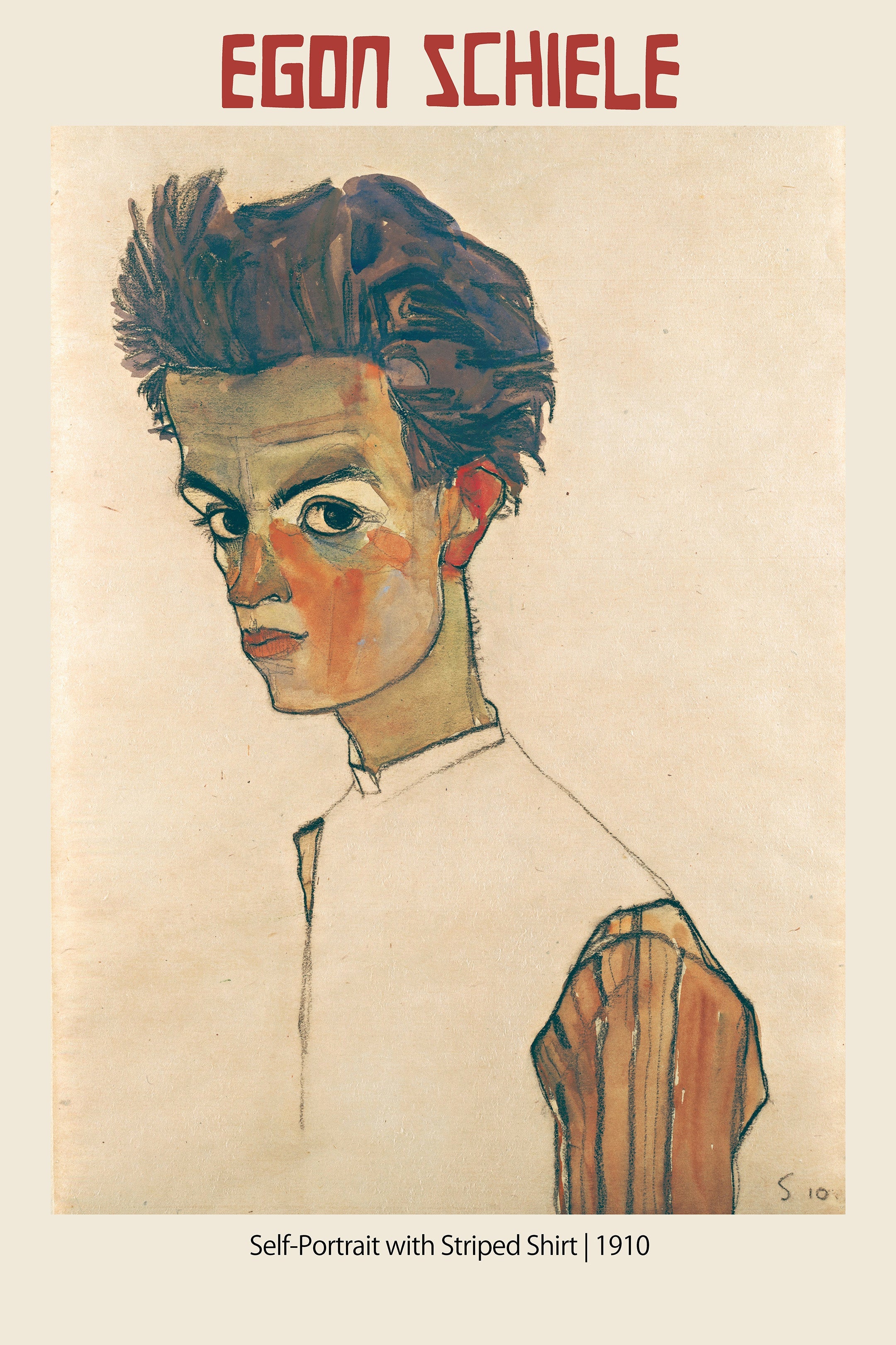 High-quality art print of Egon Schiele's 1910 watercolor and charcoal self-portrait, featuring the artist with dark hair and a striped sleeve, capturing his signature intense, angular Expressionist style.