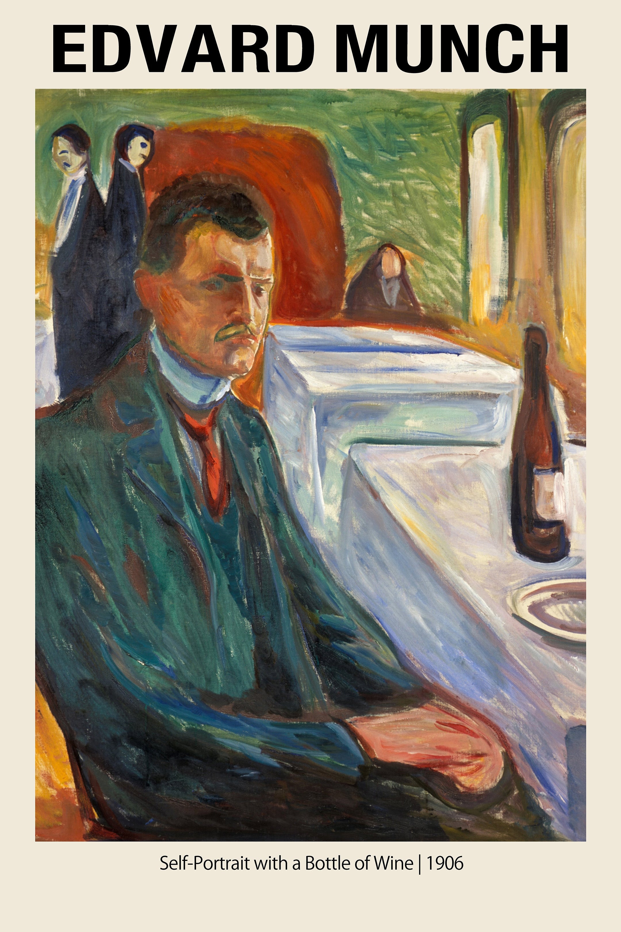 Famous Edvard Munch oil painting, "Self-Portrait with a Bottle of Wine," featuring the somber artist seated at a table with expressionistic colors.