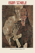 Egon Schiele "Self-Seer II (Death and Man)" Expressionist oil painting featuring two distressed figures and large skeletal hands.