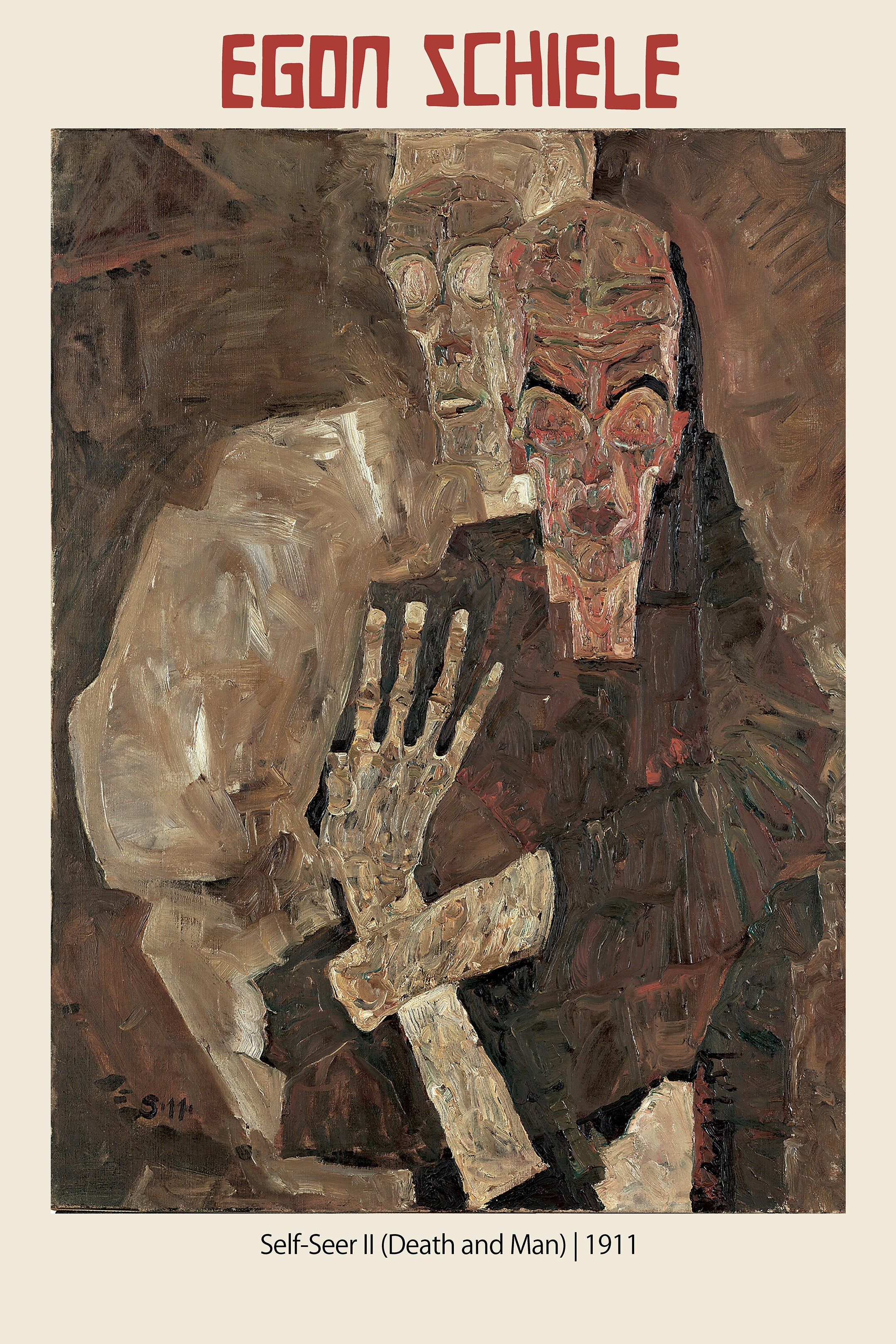 Egon Schiele "Self-Seer II (Death and Man)" Expressionist oil painting featuring two distressed figures and large skeletal hands.