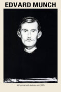 Black and white lithograph of Edvard Munch's 1895 Self-portrait, showing his face emerging from darkness with a skeleton arm visible below.