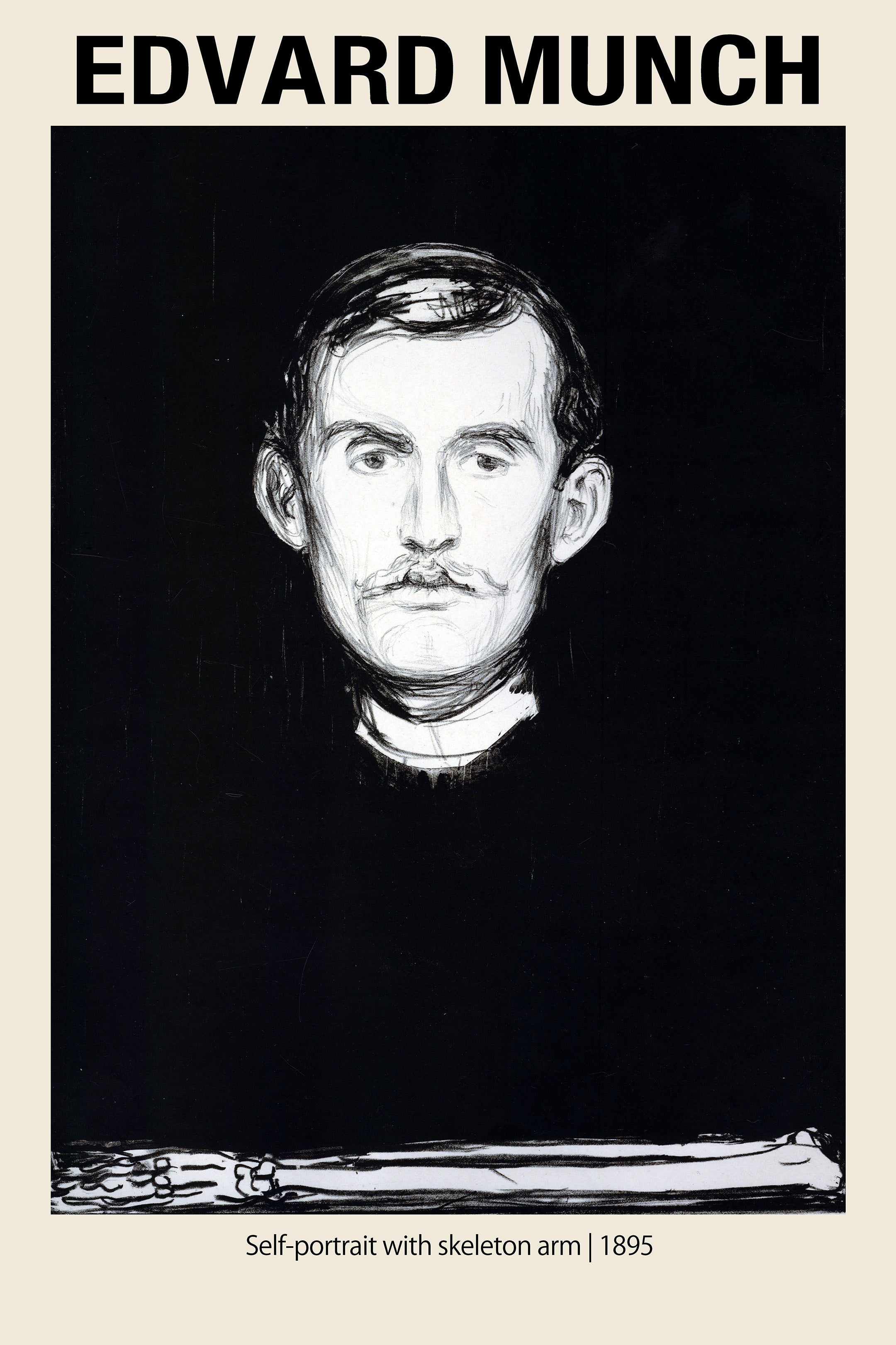 Black and white lithograph of Edvard Munch's 1895 Self-portrait, showing his face emerging from darkness with a skeleton arm visible below.