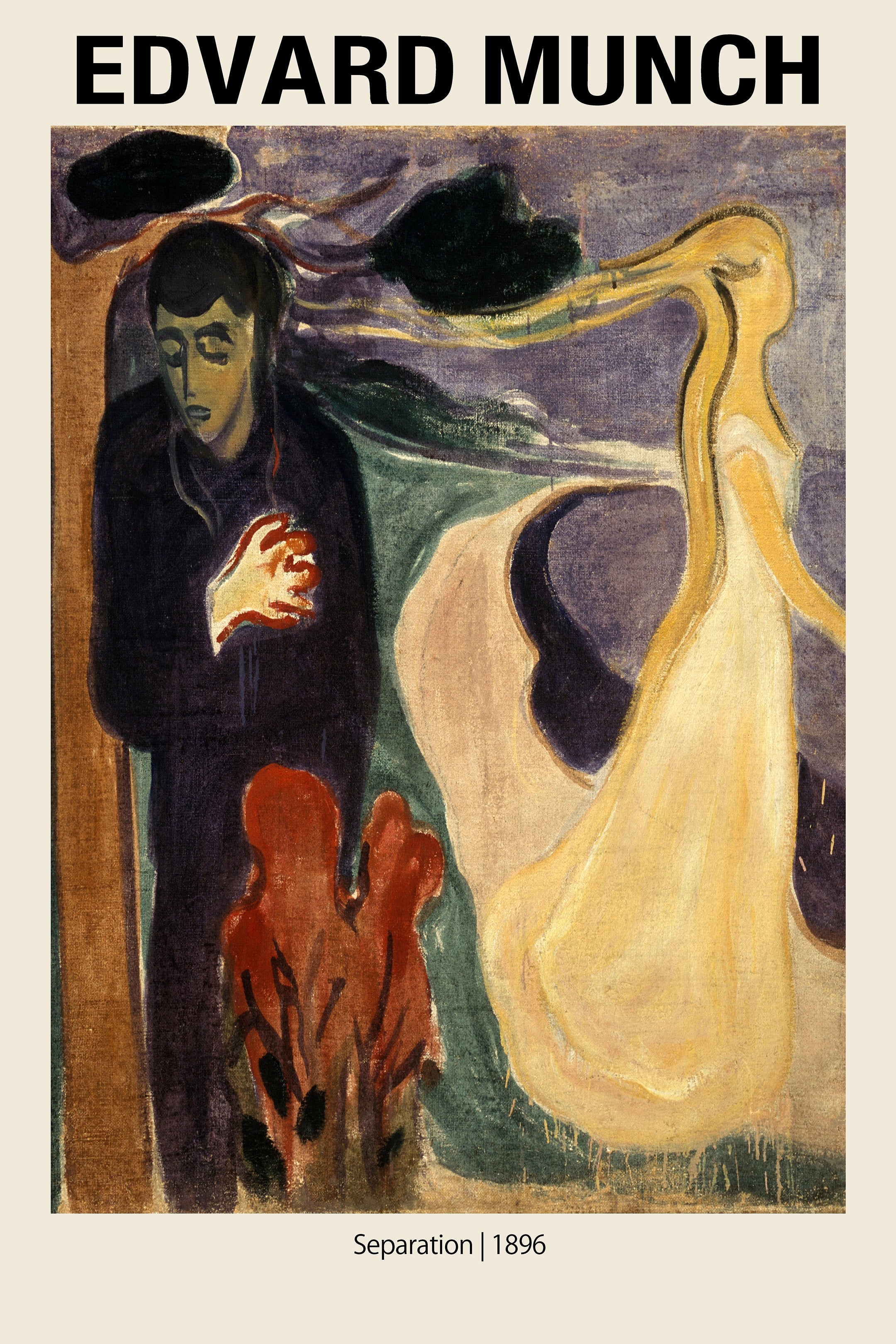 Reproduction of Edvard Munch's 1896 oil painting "Separation," showing a distraught man and a blonde woman walking away under dark trees.