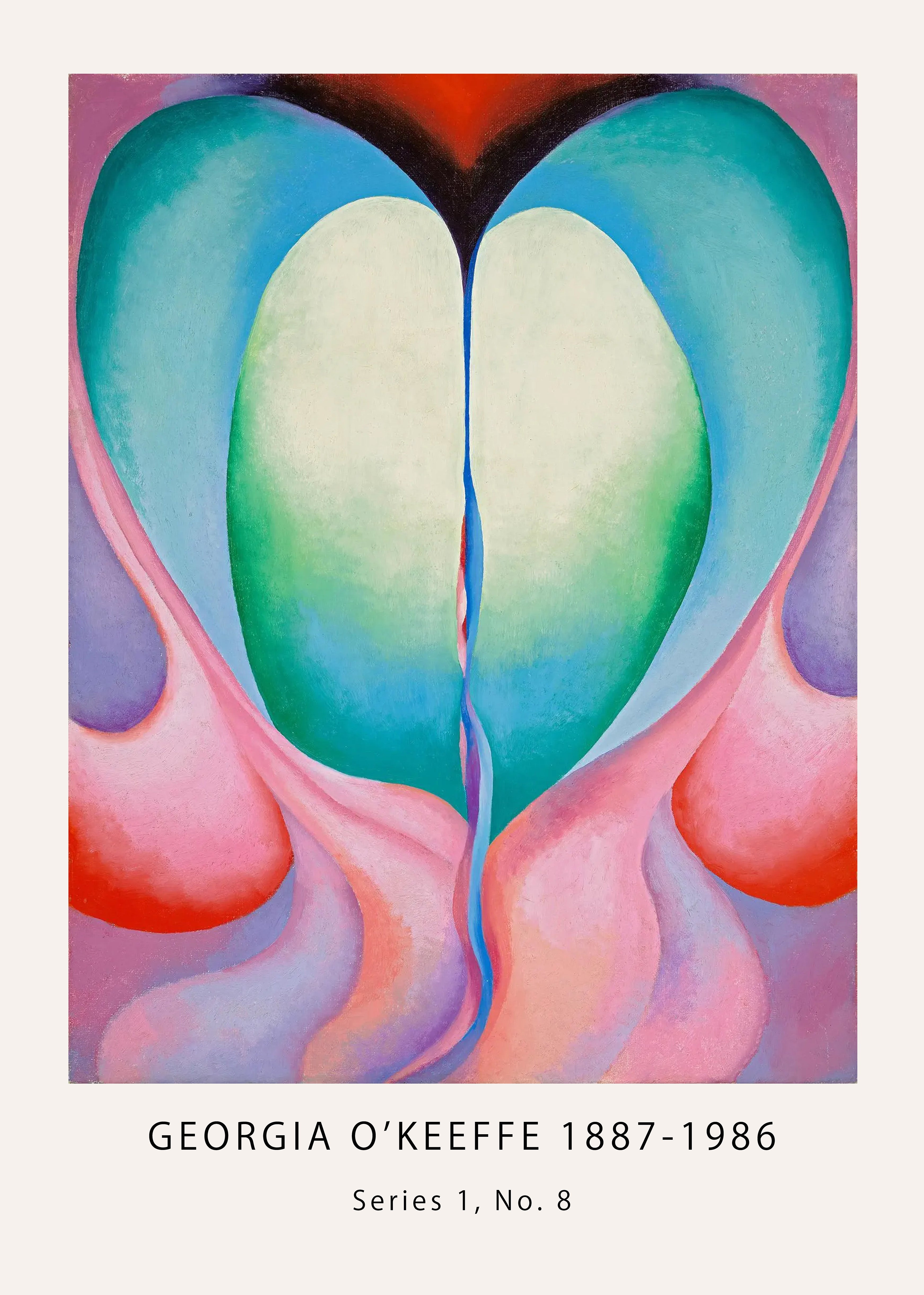 Georgia O'Keeffe's oil painting Series 1, No. 8, featuring large, saturated abstract biomorphic shapes in pink, teal, and purple.