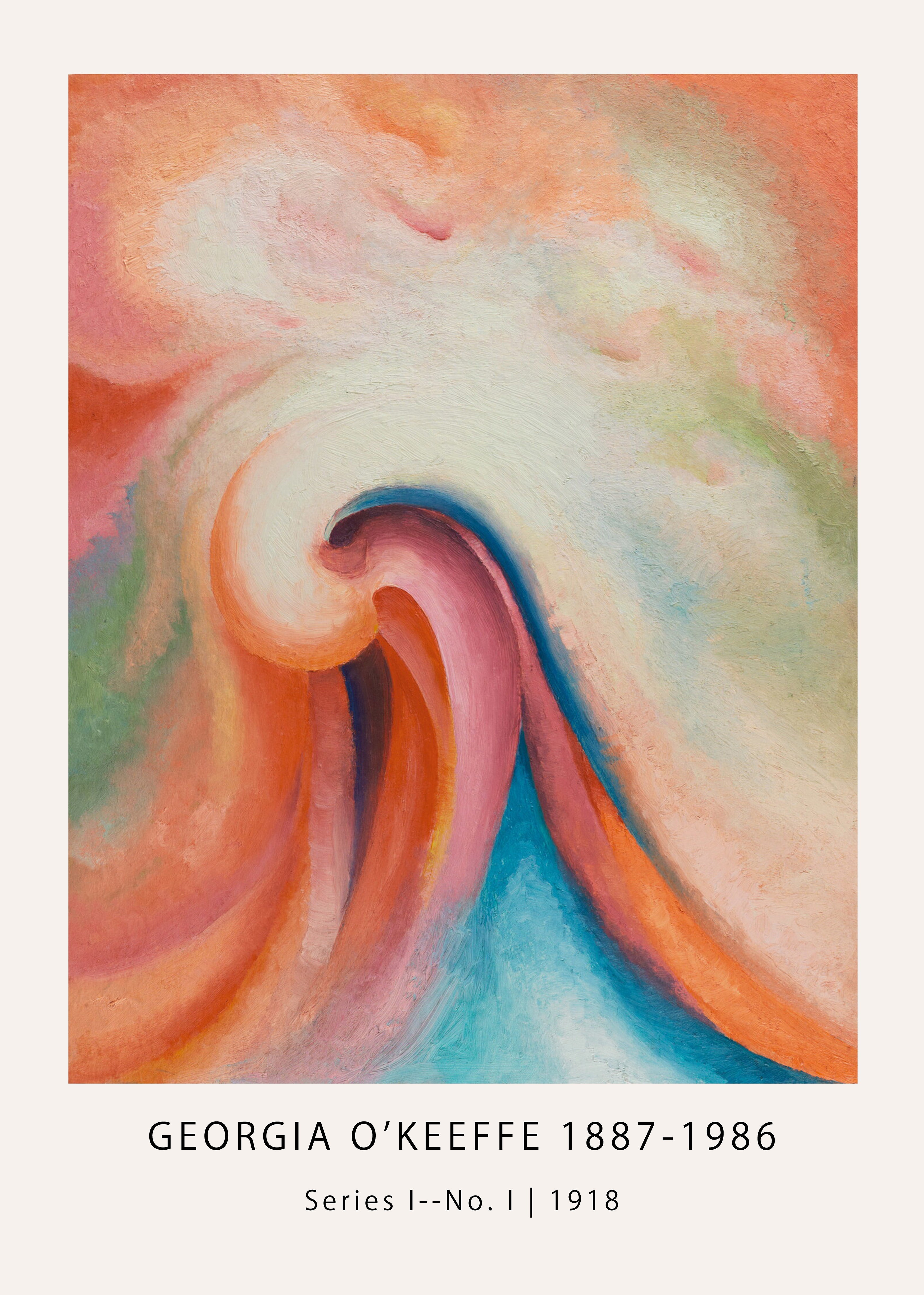 Georgia O'Keeffe 1918 painting, "Series I--No. I," showing a large abstract vortex in pink, orange, and blue oil colors.