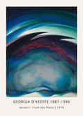 Georgia O'Keeffe's 1919 abstract oil painting "Series I – From the Plains," showcasing layered deep blues, teals, and maroon curved forms.