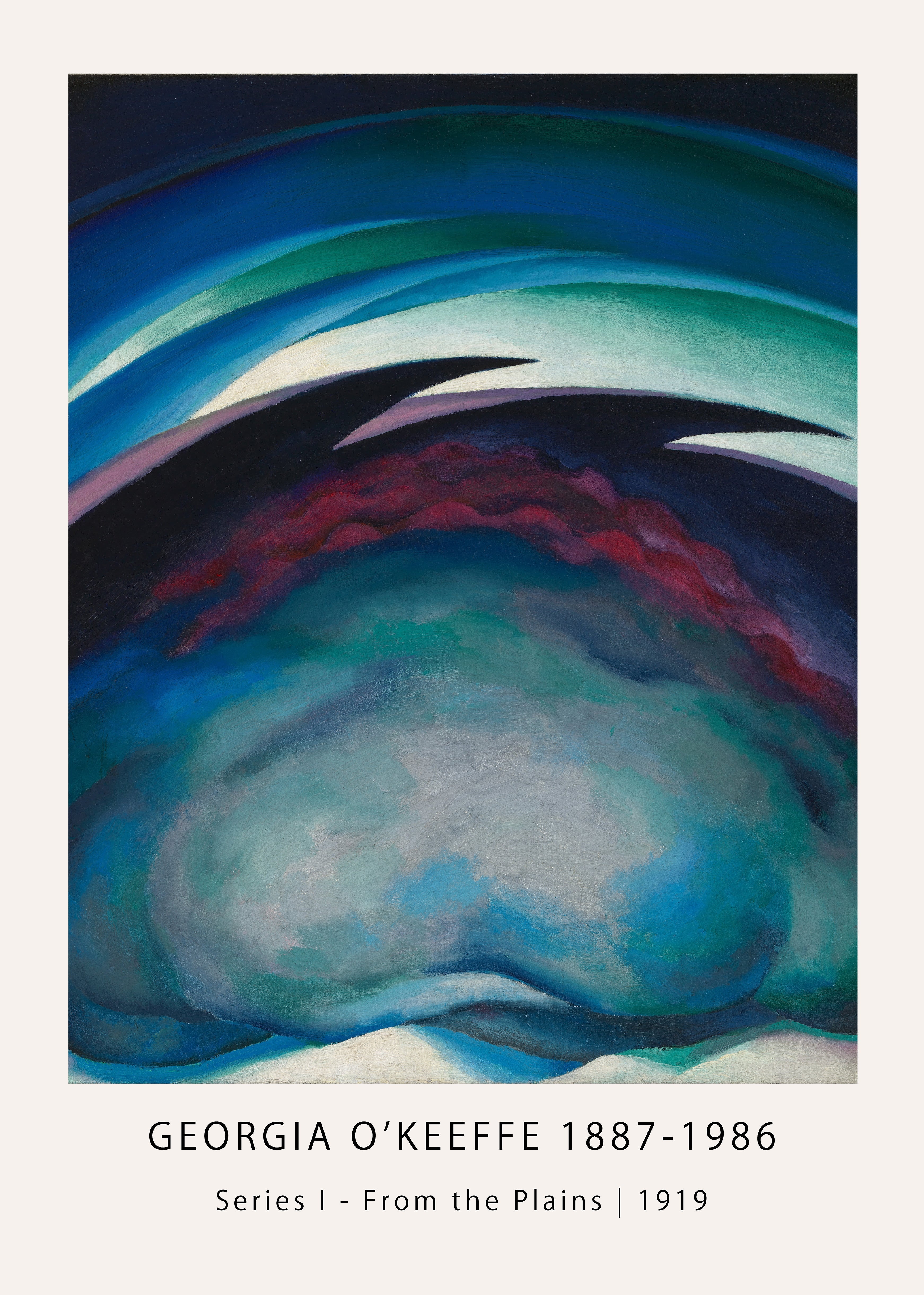 Georgia O'Keeffe's 1919 abstract oil painting "Series I – From the Plains," showcasing layered deep blues, teals, and maroon curved forms.