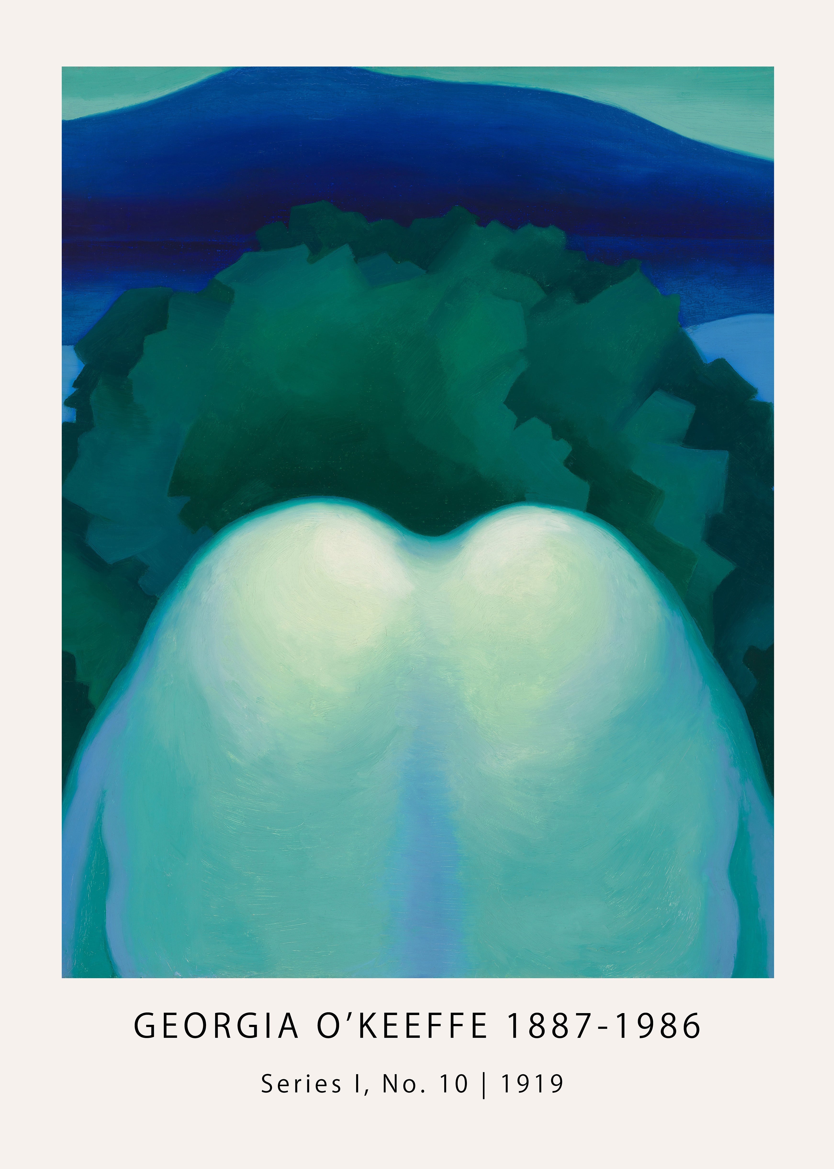 Georgia O'Keeffe's Series I, No. 10 (1919) oil painting featuring soft, light blue biomorphic shapes against a dark green and indigo background.