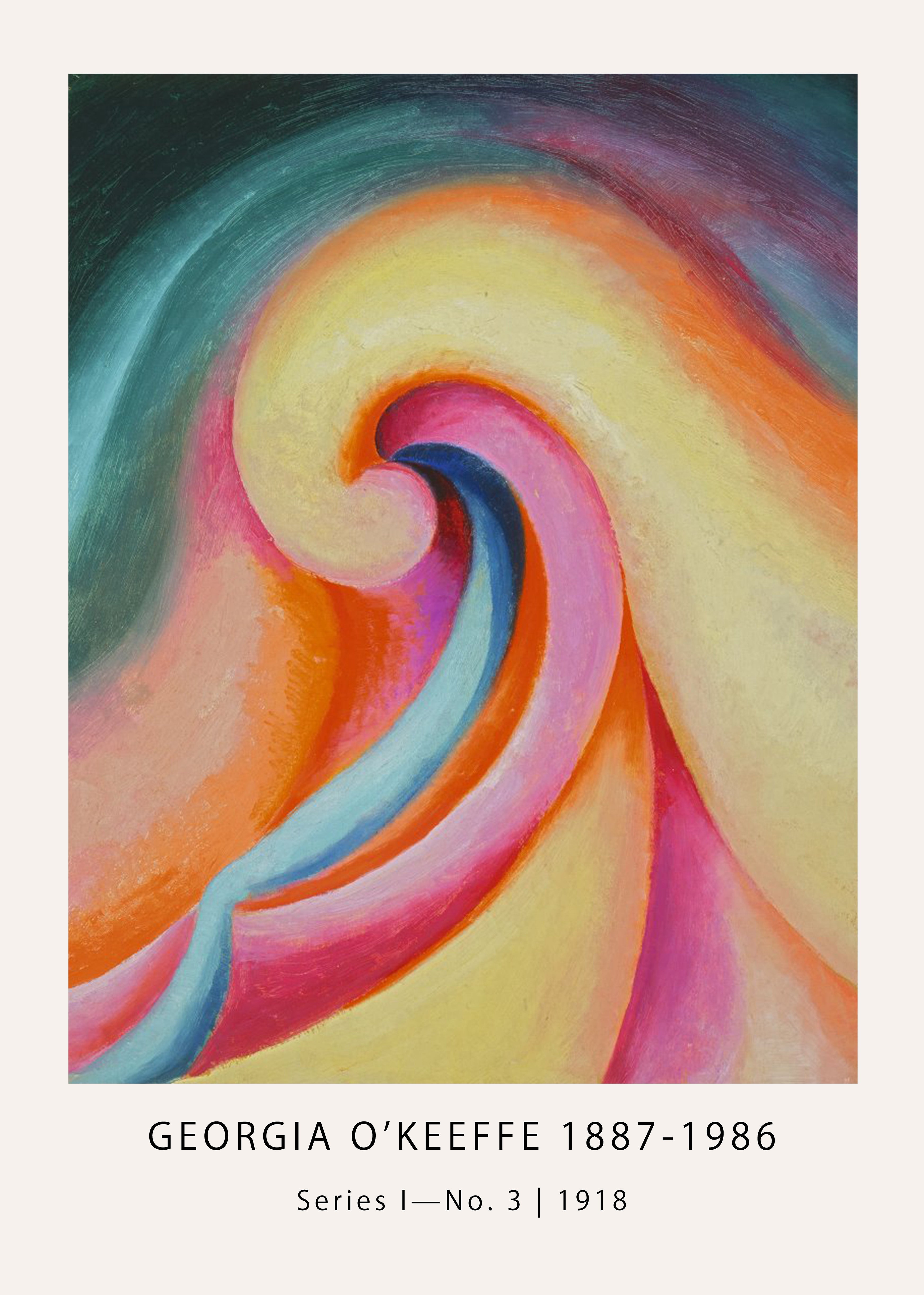 Georgia O'Keeffe's 1918 abstract painting, "Series I—No. 3," featuring vibrant swirls of yellow, pink, orange, and blue colors merging into a dynamic spiral shape.