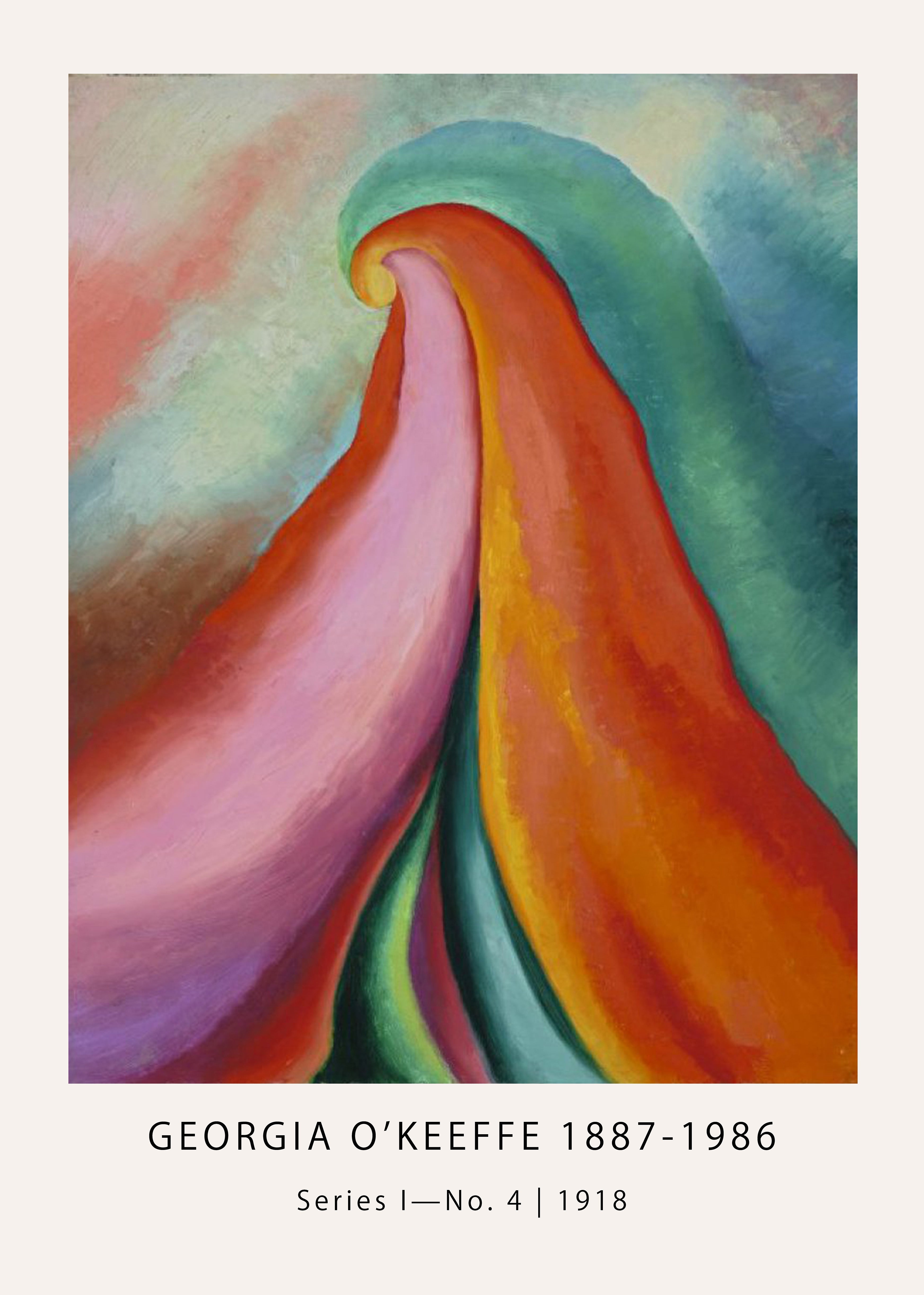 Abstract painting by Georgia O'Keeffe, Series I—No. 4 (1918), featuring sweeping curves in pink, red, orange, and teal.