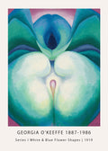 Close-up abstract painting by Georgia O'Keeffe, "Series I White & Blue Flower Shapes," featuring curving teal, green, and pale blue petals against a subtle pink wash.
