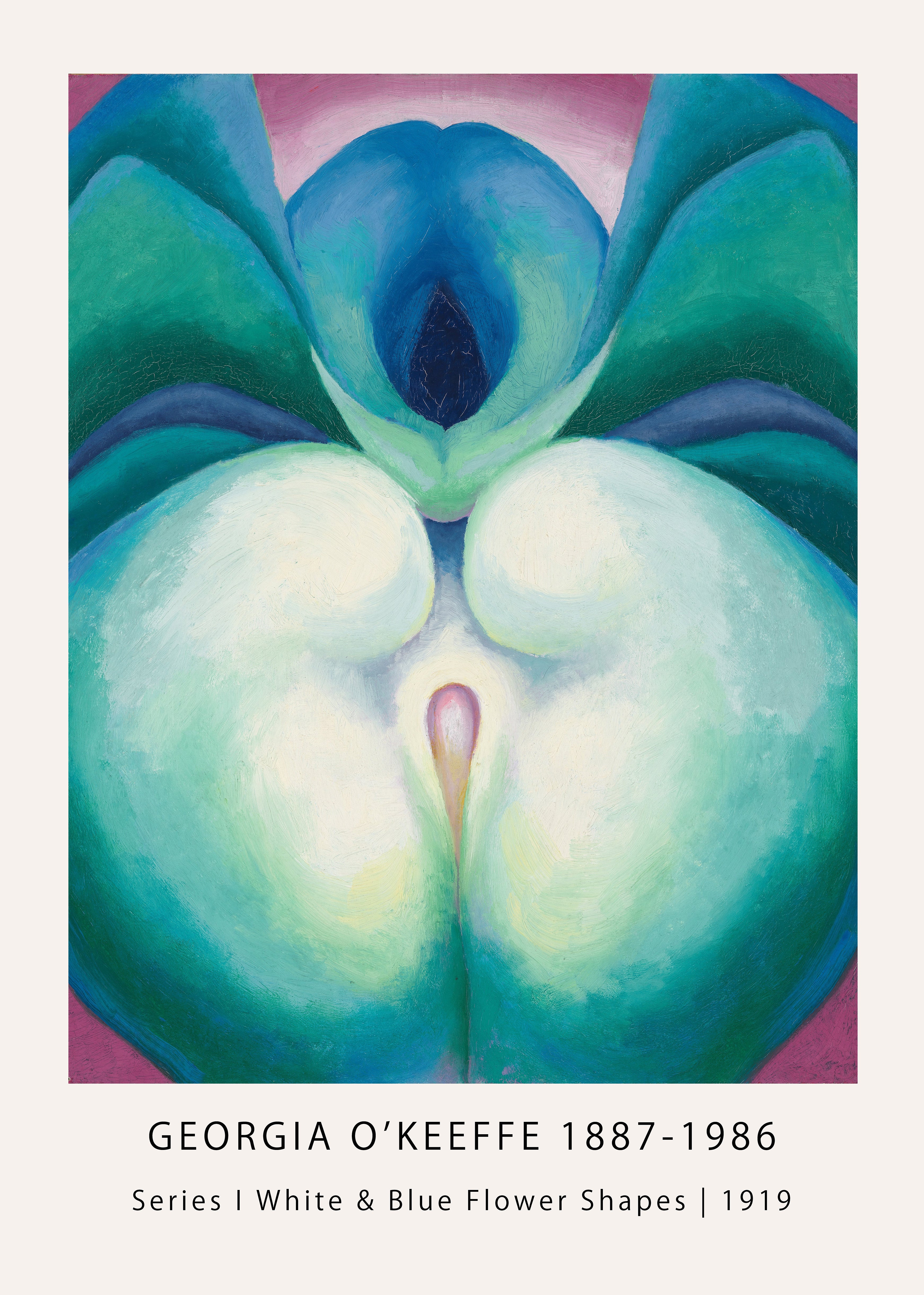 Close-up abstract painting by Georgia O'Keeffe, "Series I White & Blue Flower Shapes," featuring curving teal, green, and pale blue petals against a subtle pink wash.