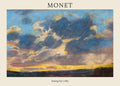 Abstract landscape artwork by Claude Monet depicting Setting Sun, featuring thick, textured pastel strokes in deep blue, stormy gray, and brilliant yellow colors.