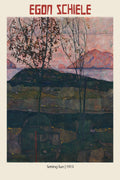 Egon Schiele's 1913 painting "Setting Sun" depicting two sparse trees against a vivid pink and purple expressionist landscape.