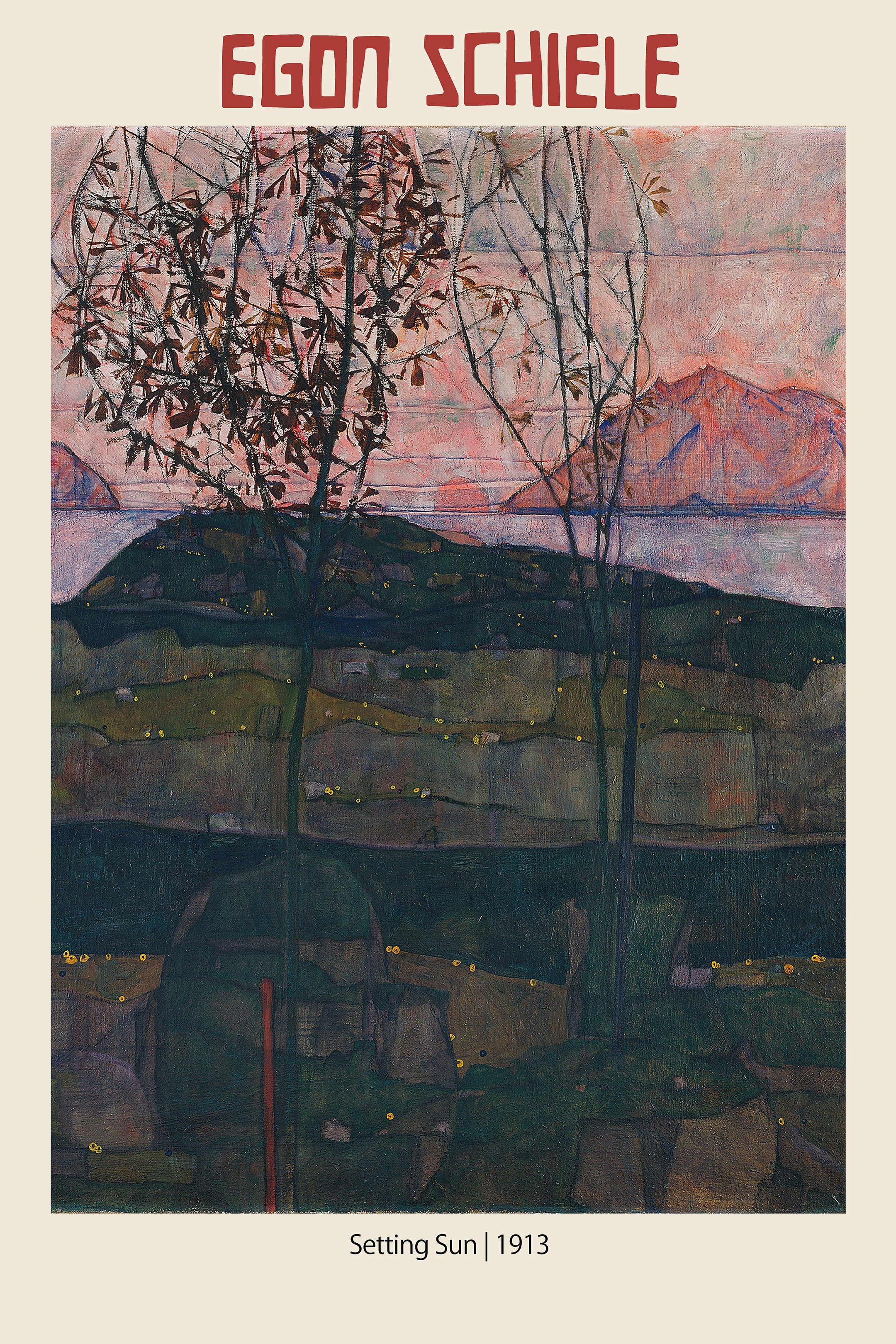 Egon Schiele's 1913 painting "Setting Sun" depicting two sparse trees against a vivid pink and purple expressionist landscape.