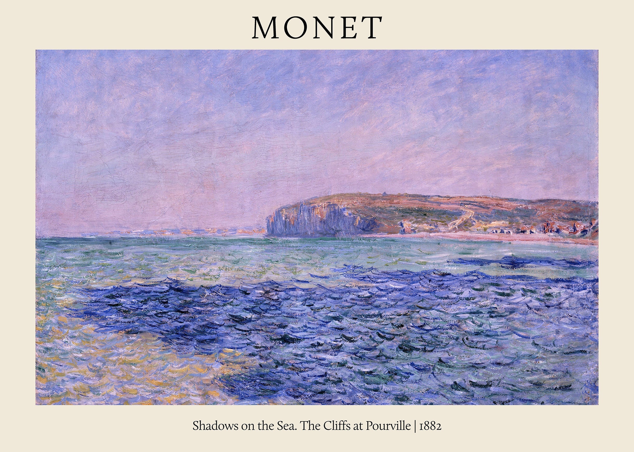 Reproduction of Claude Monet's 1882 Impressionist oil painting depicting the sea and rugged cliffs at Pourville, France.