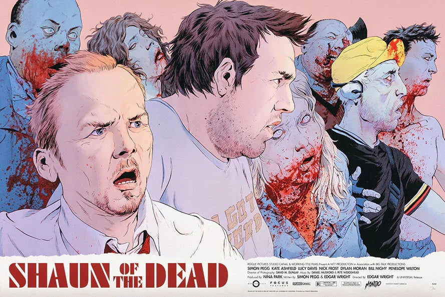 Illustrated poster of Shaun of the Dead with Simon Pegg and zombies in a horror-comedy setting