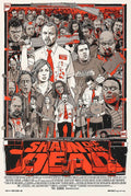 Shaun of the Dead movie poster featuring main characters with blood and zombies in red, black, and white colors
