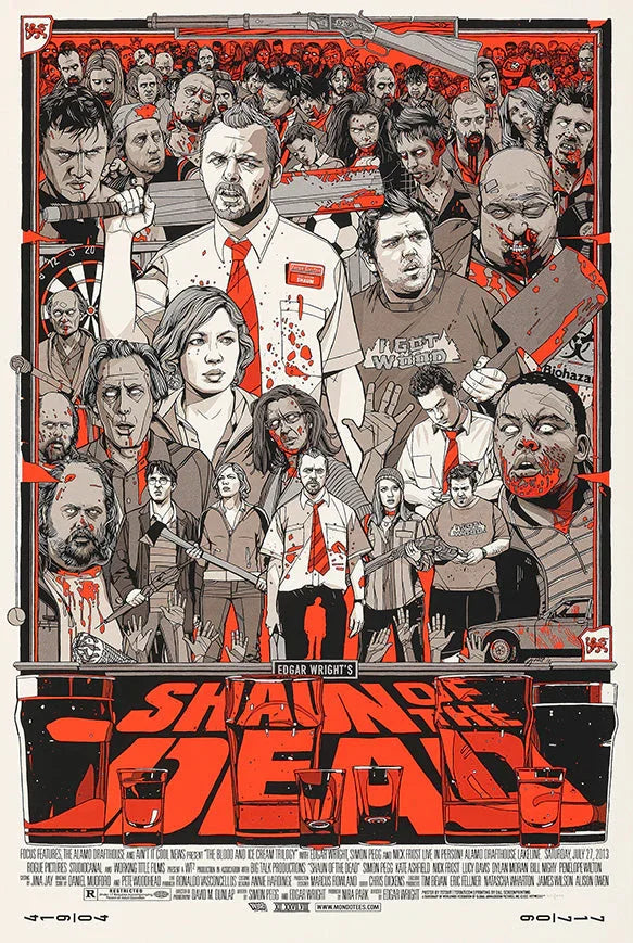 Shaun of the Dead movie poster featuring main characters with blood and zombies in red, black, and white colors