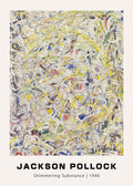 Jackson Pollock's 1946 abstract painting "Shimmering Substance," featuring thick, textured swirls of white, yellow, purple, and blue paint.
