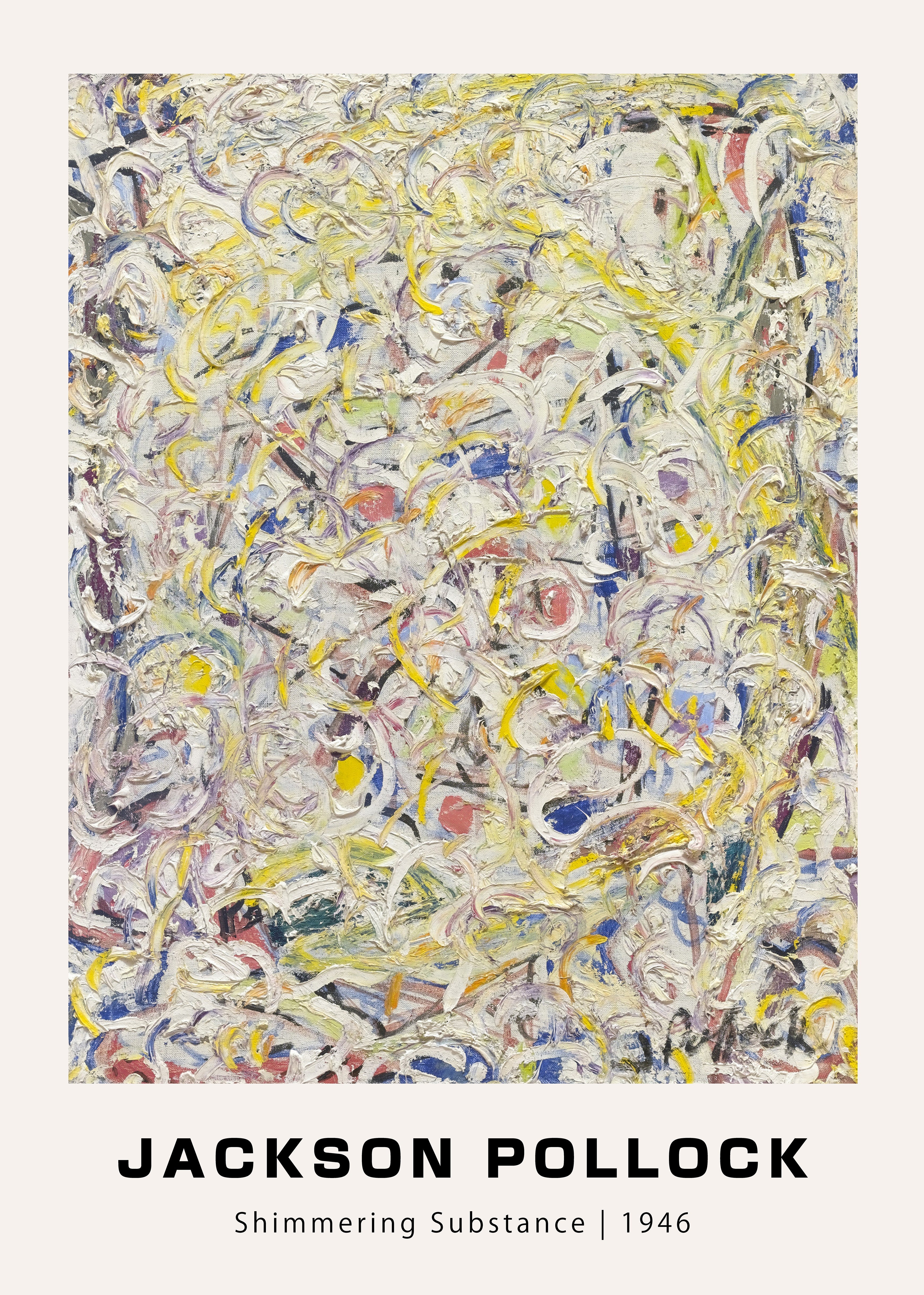 Jackson Pollock's 1946 abstract painting "Shimmering Substance," featuring thick, textured swirls of white, yellow, purple, and blue paint.