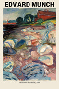 Expressionist oil painting by Edvard Munch featuring a shoreline of colorful, abstract rocks leading up to a bold, vibrant red house on the coast.