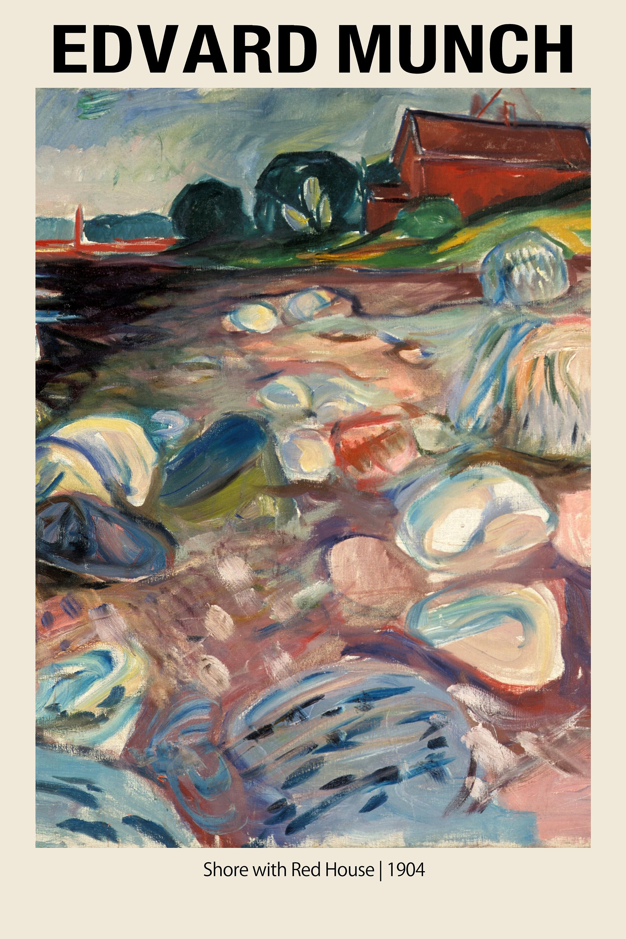 Expressionist oil painting by Edvard Munch featuring a shoreline of colorful, abstract rocks leading up to a bold, vibrant red house on the coast.