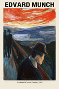 Edvard Munch's Despair painting from 1892, showing a man leaning on a railing against a swirling red and orange sunset sky.