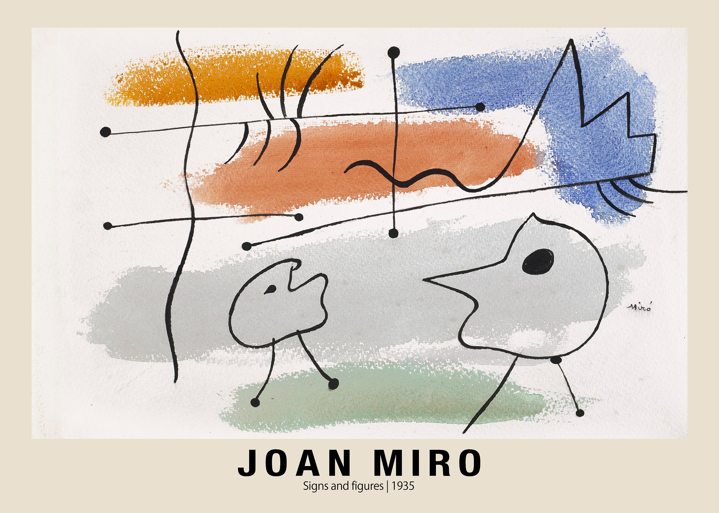 Joan Miró's 1935 artwork "Signs and figures," showing abstract, watercolor-style blocks of orange, blue, and grey with whimsical black stick-figure outlines.