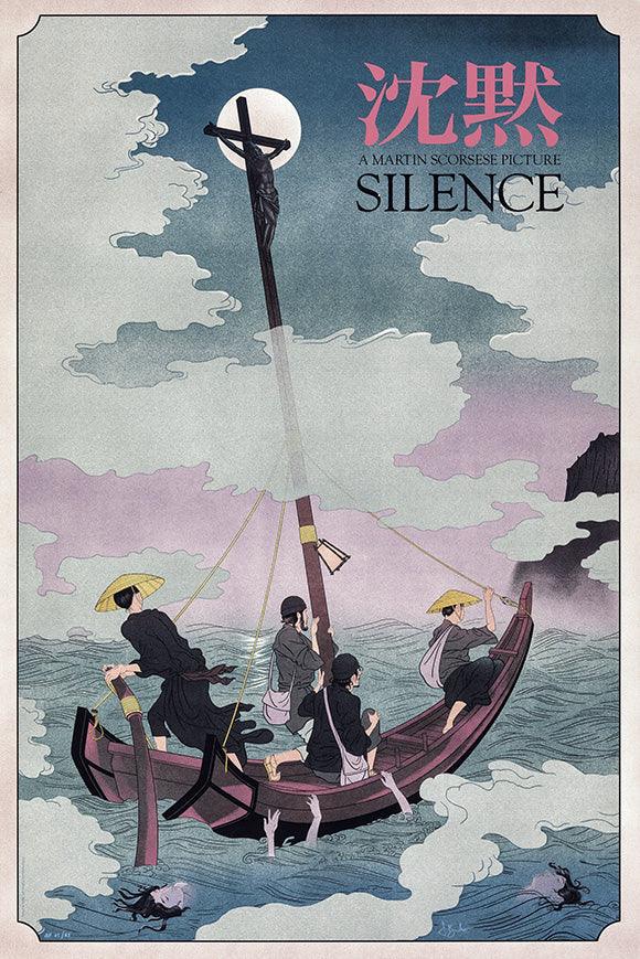 Silence movie poster by Jonathan Burton showing a wooden boat with four men in traditional hats sailing on turbulent sea under a full moon