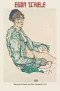 Egon Schiele 1914 drawing, "Sitting Semi-Nude with Blue Hairband," featuring a woman sketched in pencil and intense green and blue watercolor.