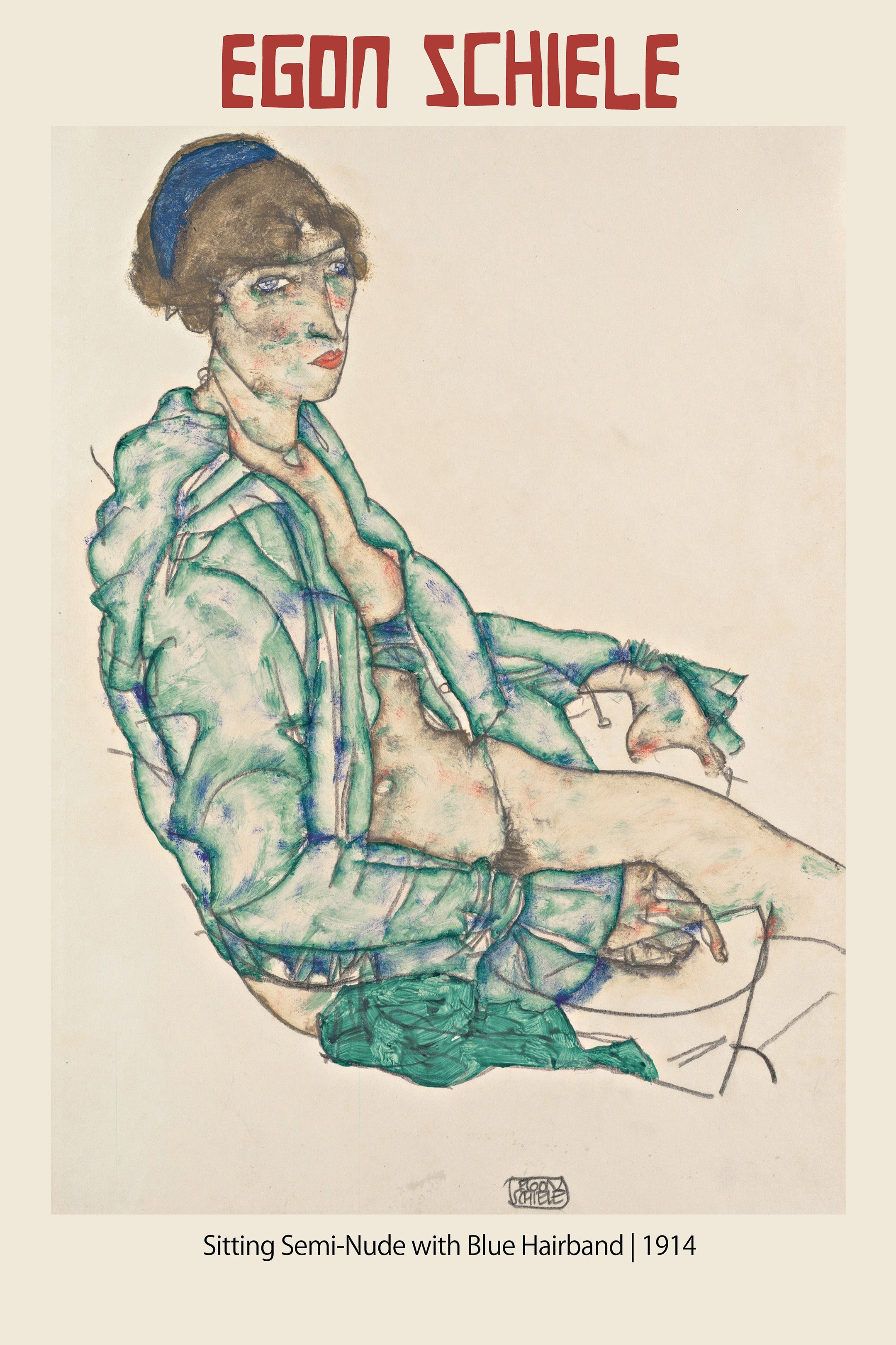 Egon Schiele 1914 drawing, "Sitting Semi-Nude with Blue Hairband," featuring a woman sketched in pencil and intense green and blue watercolor.