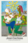 Jean Cocteau 1961 expressionist print of two stylized, green-skinned figures drinking outdoors under a yellow sun.