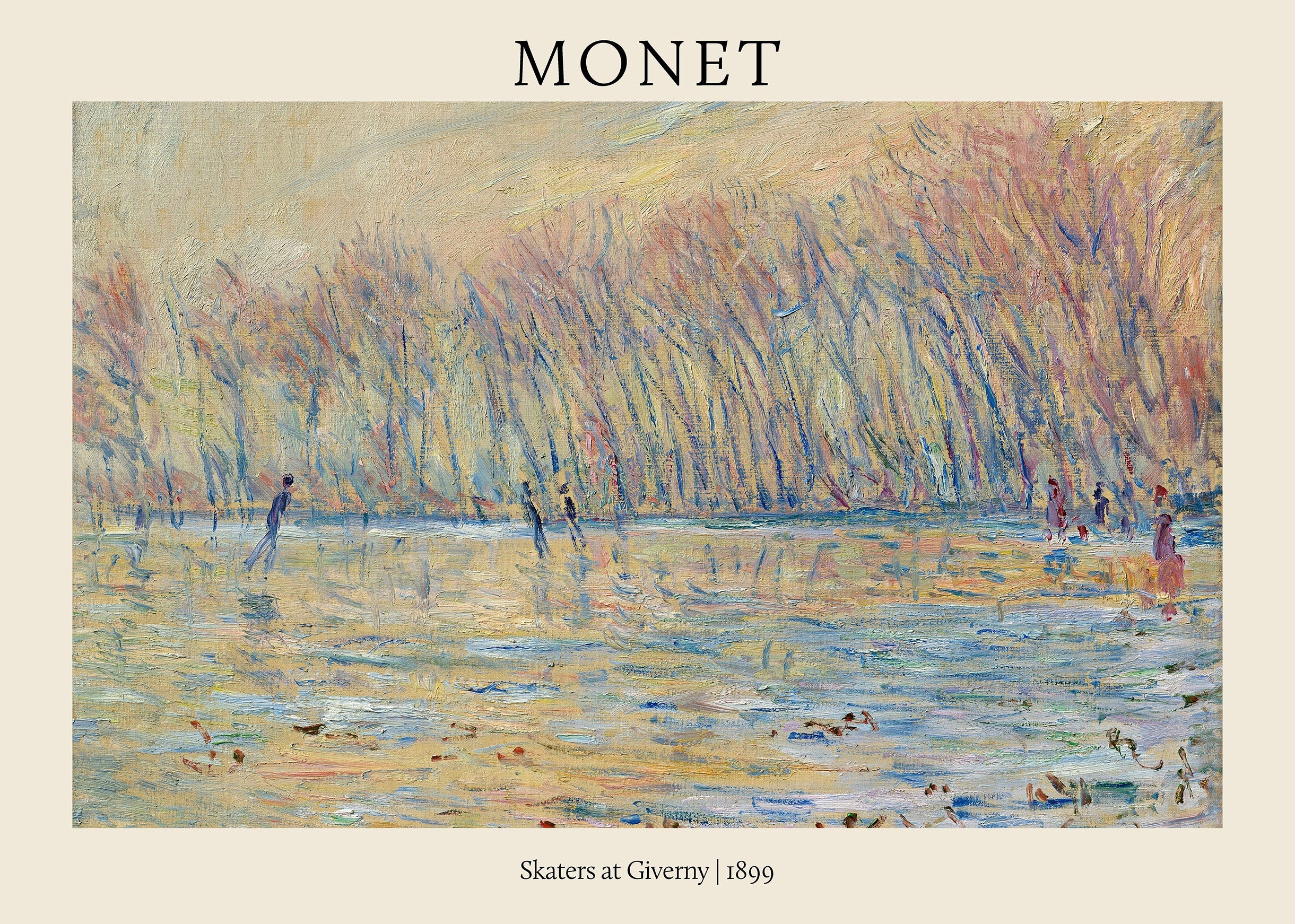Claude Monet's "Skaters at Giverny" 1899 painting featuring small figures skating on frozen water beneath vertical, brushy trees. Impressionist winter landscape art.