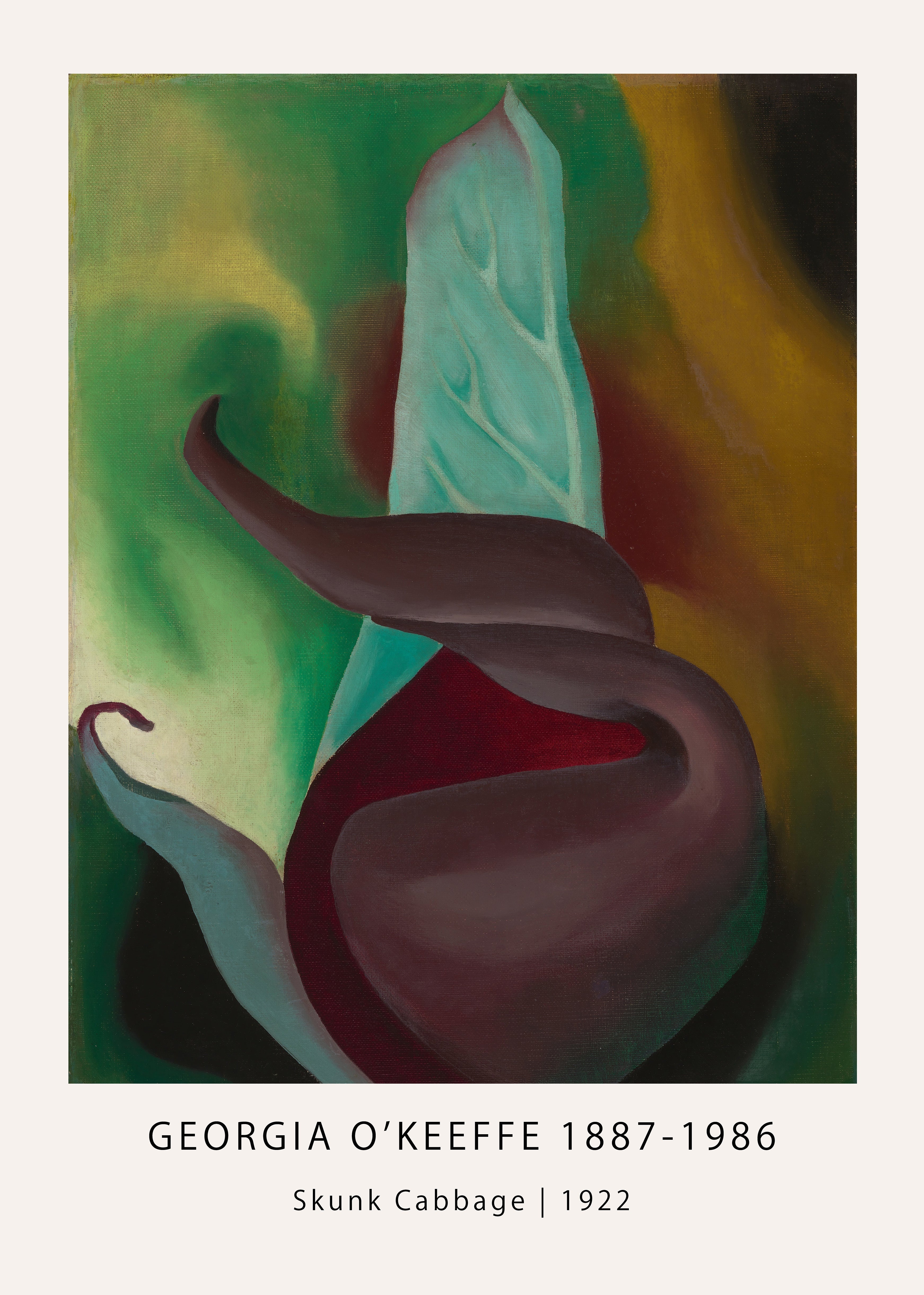 Museum-quality reproduction of Georgia O'Keeffe's 1922 abstract botanical painting, "Skunk Cabbage," featuring dark red, teal, and green close-up forms.