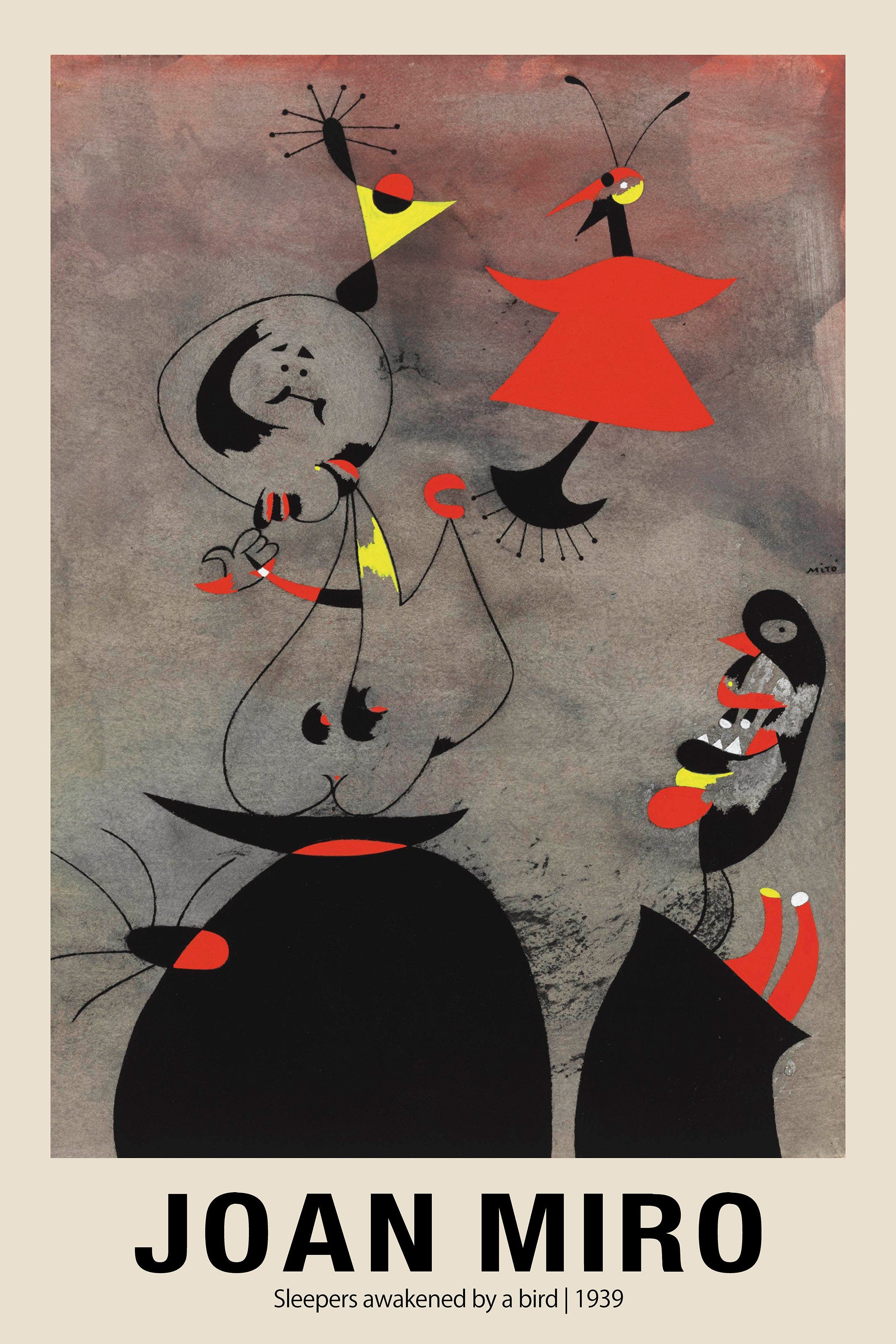 Abstract Joan Miró artwork, "Sleepers awakened by a bird," featuring biomorphic forms in black, red, and yellow on a textured gray background.
