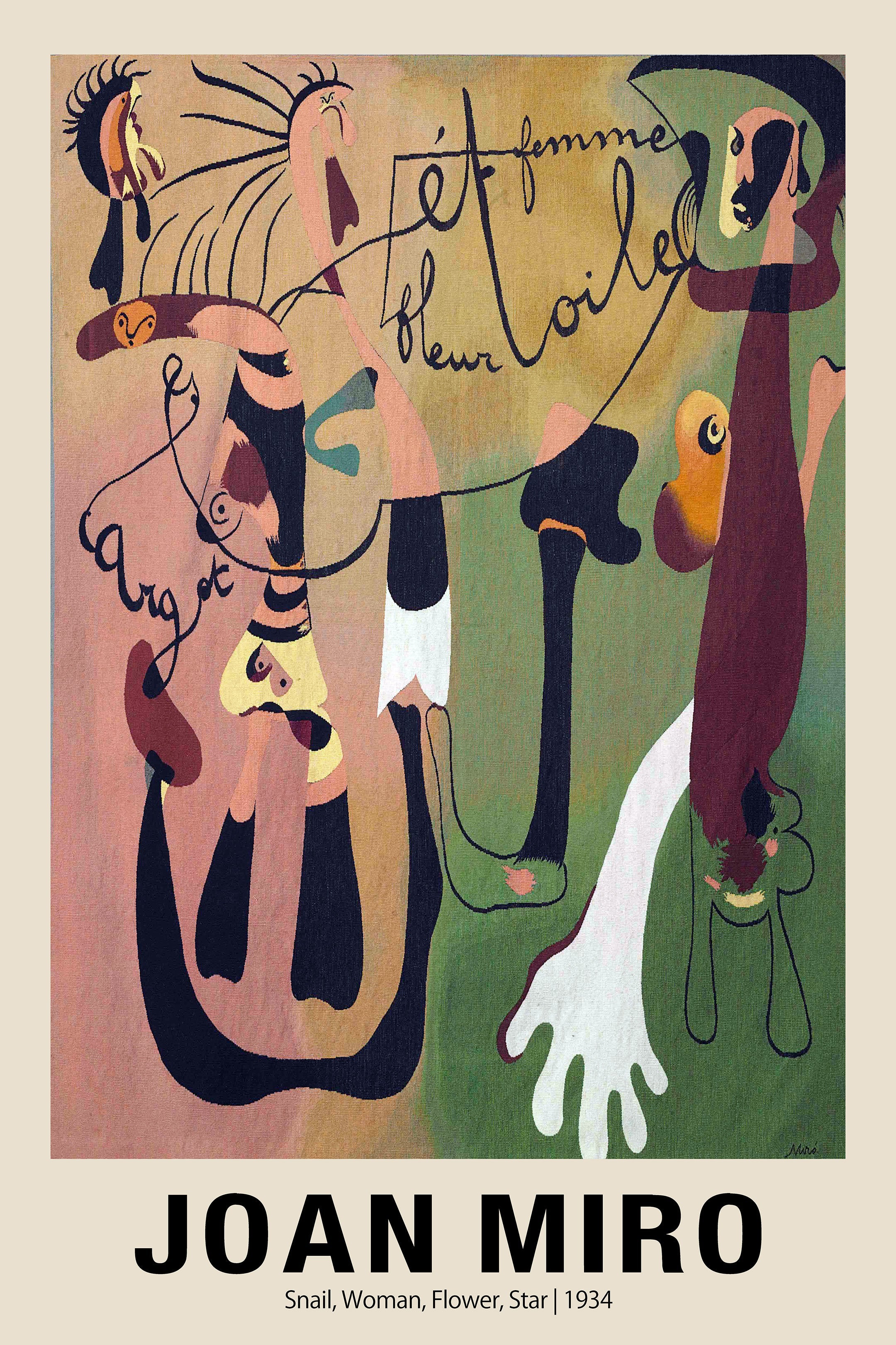 Abstract and colorful Joan Miro tapestry reproduction titled "Snail, Woman, Flower, Star" from 1934, featuring biomorphic shapes and calligraphic script.