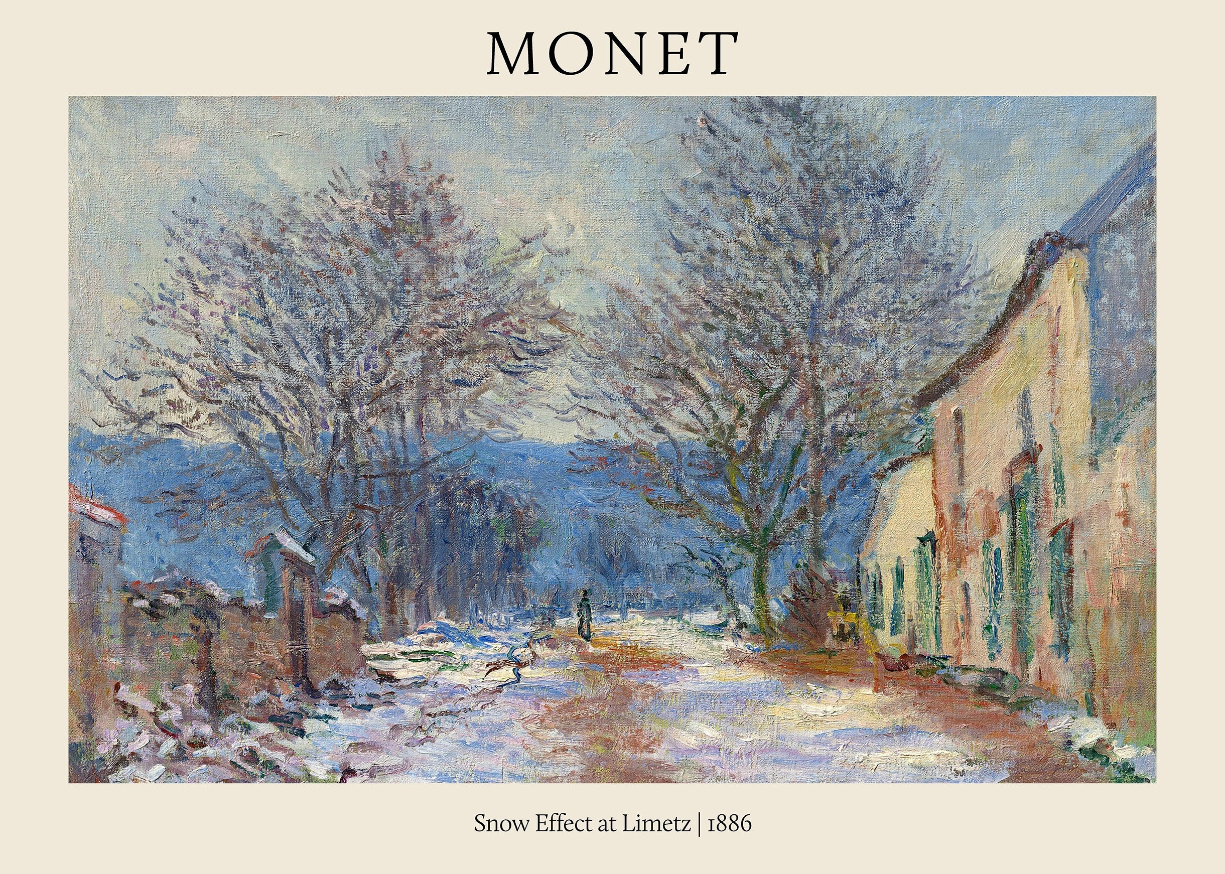 Oil painting by Claude Monet depicting a snowy village road in Limetz, France, featuring bare trees and a solitary figure walking down the lane.