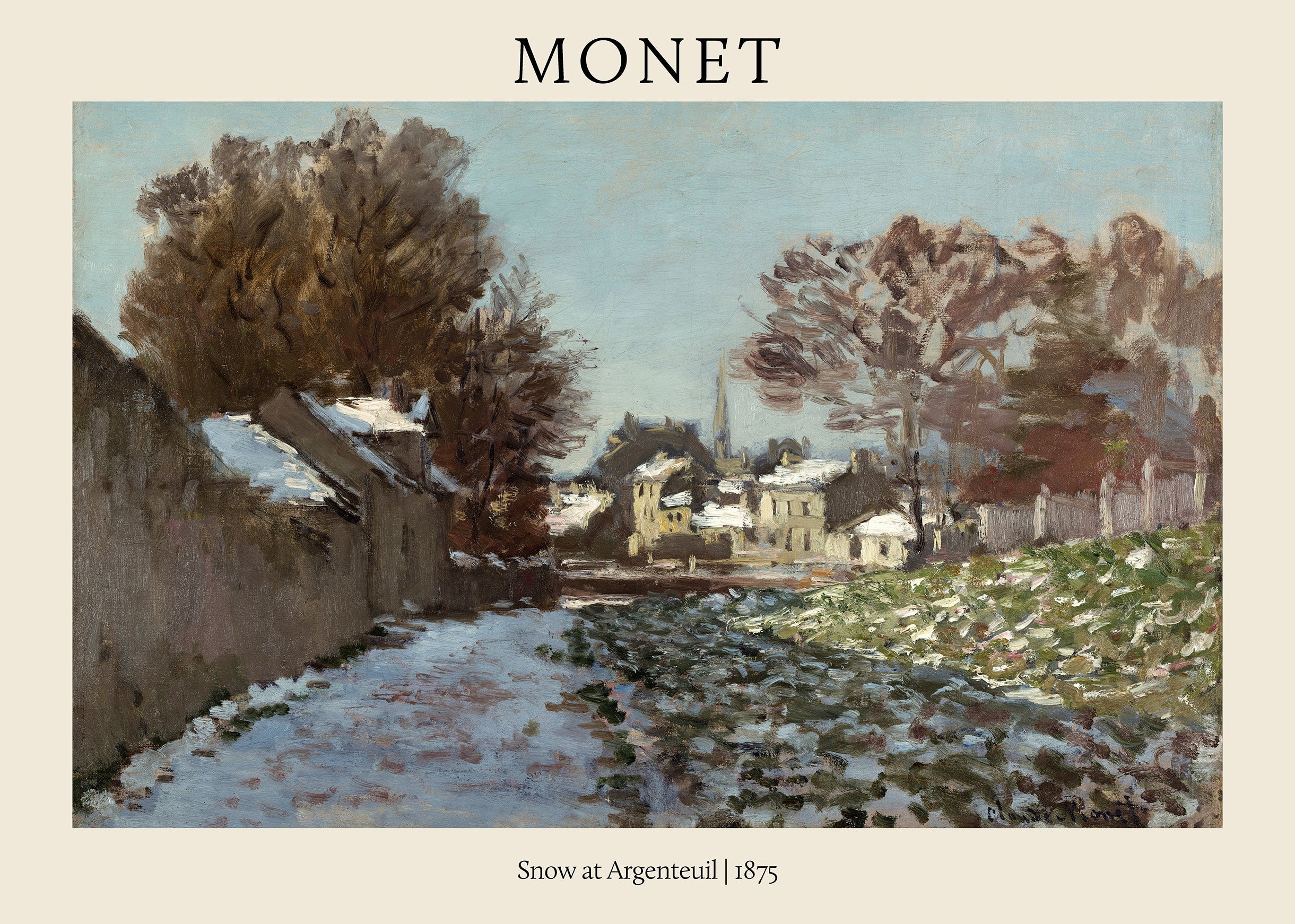 Oil painting by Claude Monet depicting a snowy winter street scene in the village of Argenteuil, France, with muted colors and visible brushwork.