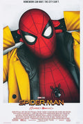 Spider-Man in red suit and black spider emblem wearing yellow jacket, hands behind head, Homecoming movie poster